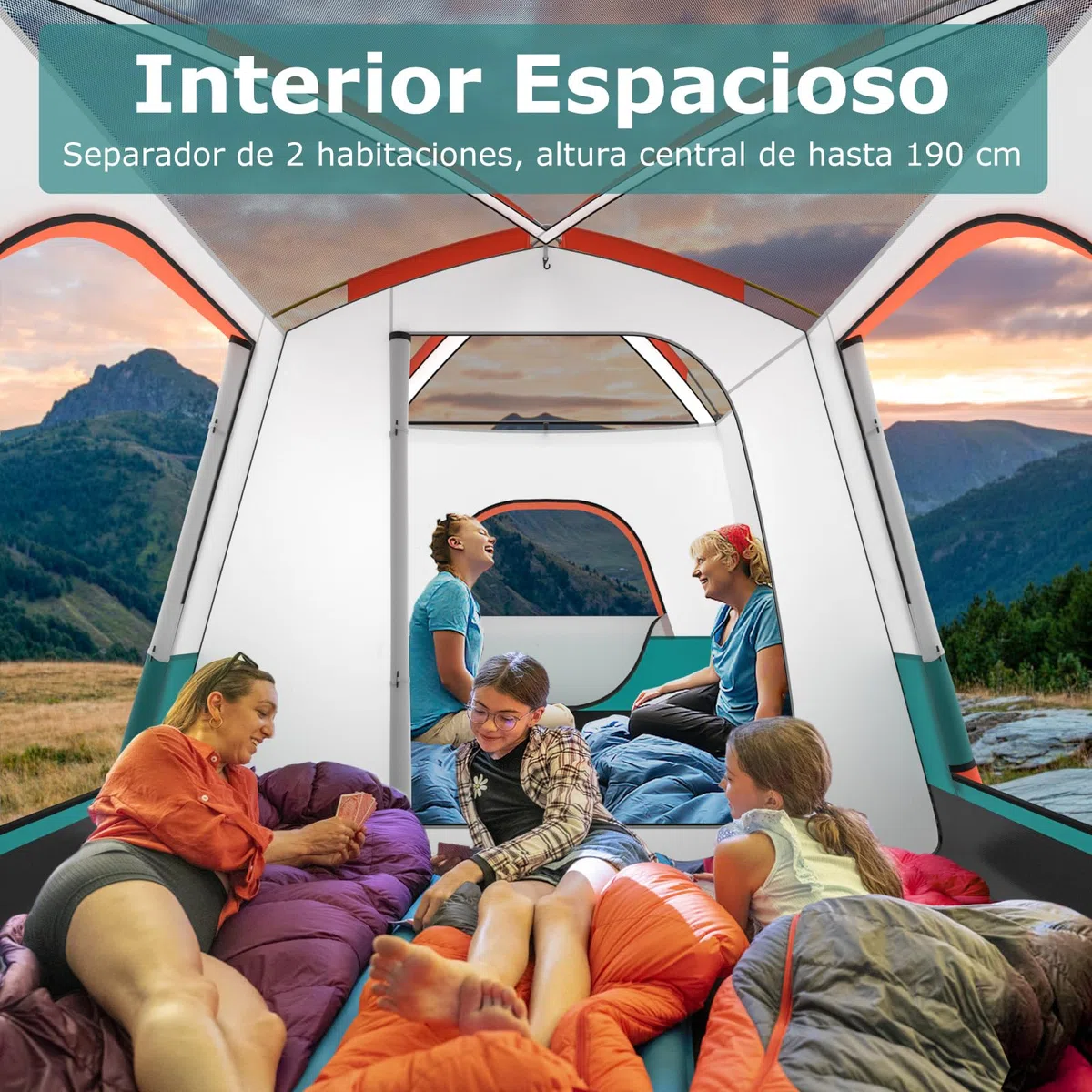 COSTWAY Tienda de Campaña 4-10 Personas, Porche, 2 Habitaciones, 2 Puertas, 2 Ventanas de Malla, Tienda de Campaña Familiar Grande, Capa Doble para Camping, Picnic