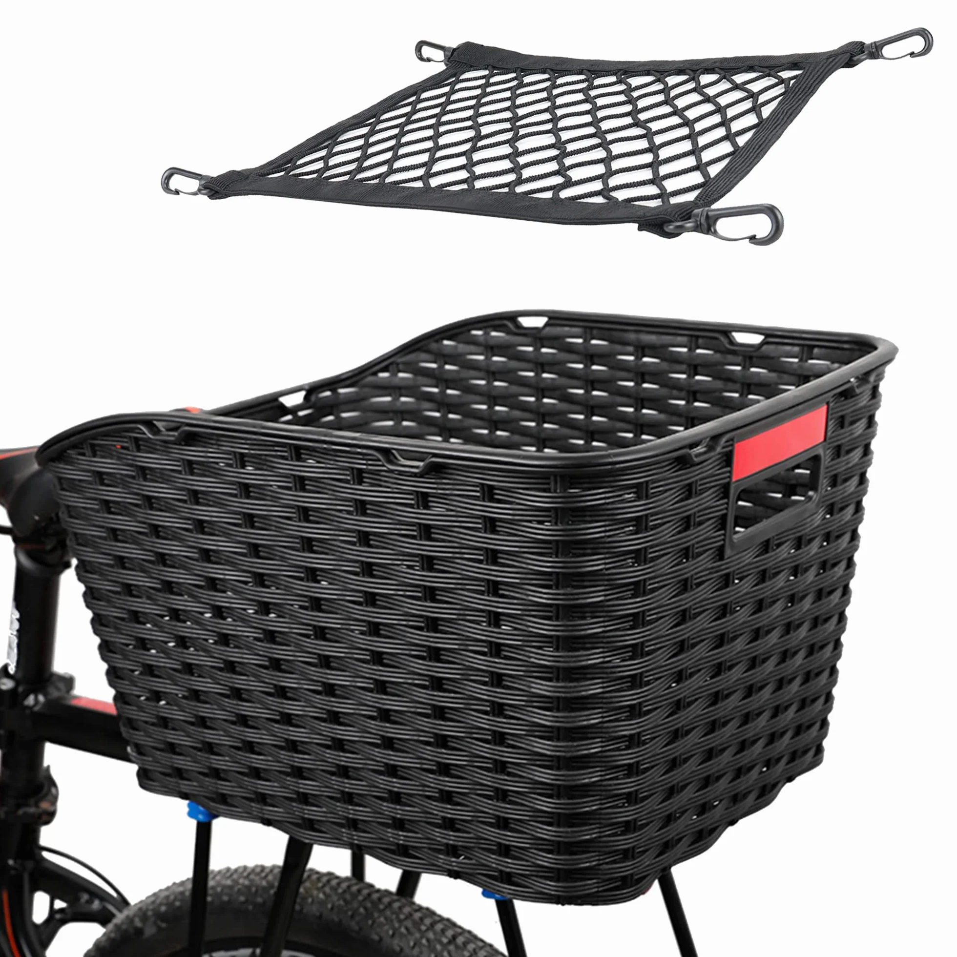 Cesta Trasera Bici 27L Tejido Malla de Plástico Resistente a la Intemperie no se Oxida, Incluye Material de Fijación y Bridas para Cables, Red Portaequipajes, Cubierta Impermeable