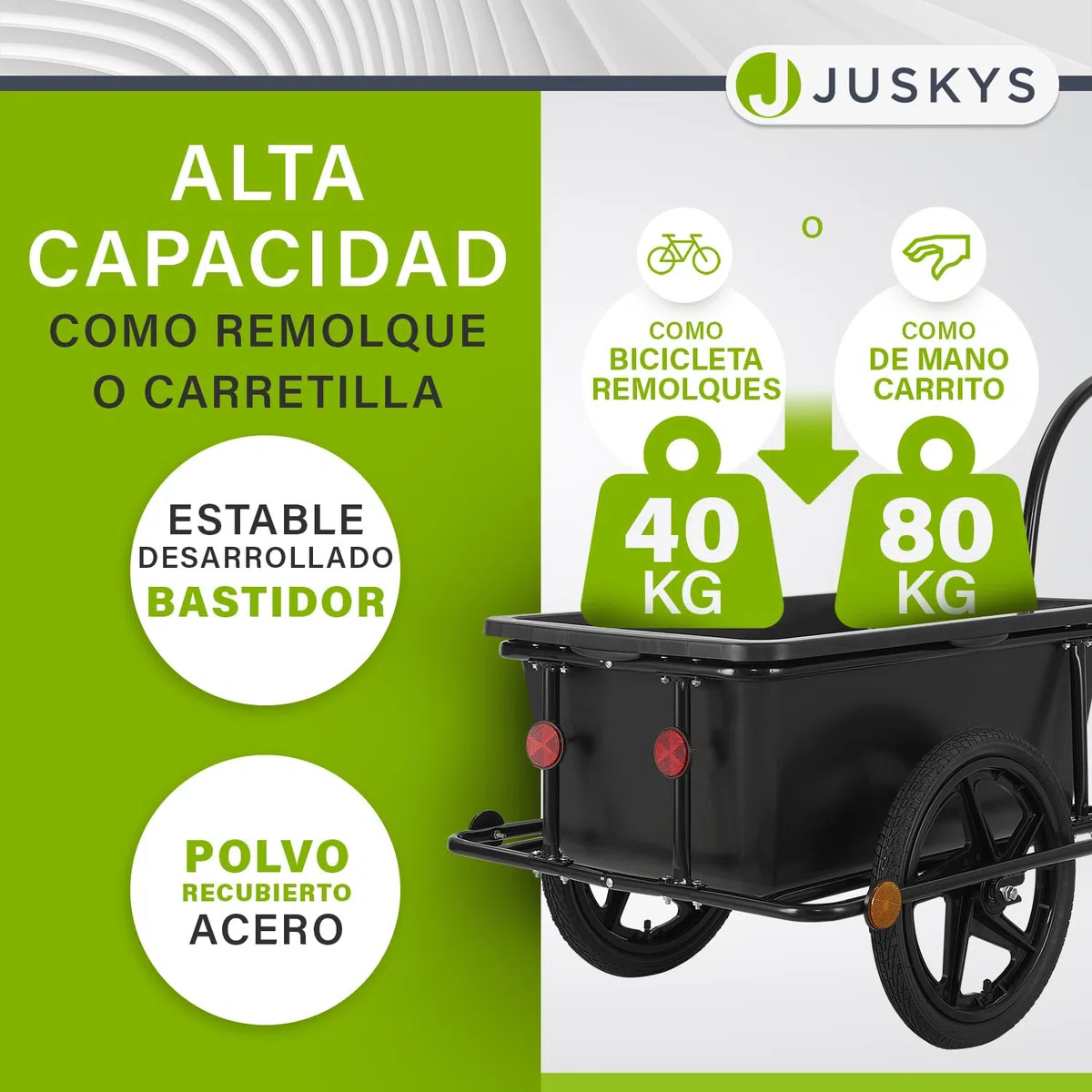 Juskys Remolque para Bicicleta 90 litros - Remolque de Carga con Enganche, Barra de tracción - Remolque para Bicicleta 40/80 kg de Carga útil - Remolque de Transporte con Lona Protectora