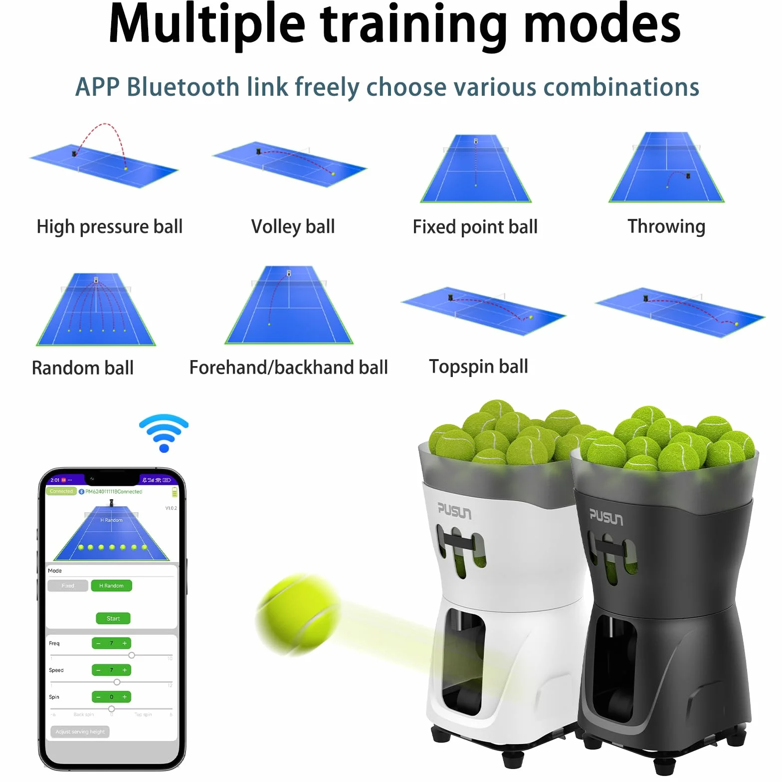 PUSUN PT Mini Pro - Máquina de pelotas de tenis - Entrenador inteligente portátil para principiantes, capacidad de pelota de más de 65 años, duración de la batería de 3-5 horas, velocidad y ángulo de