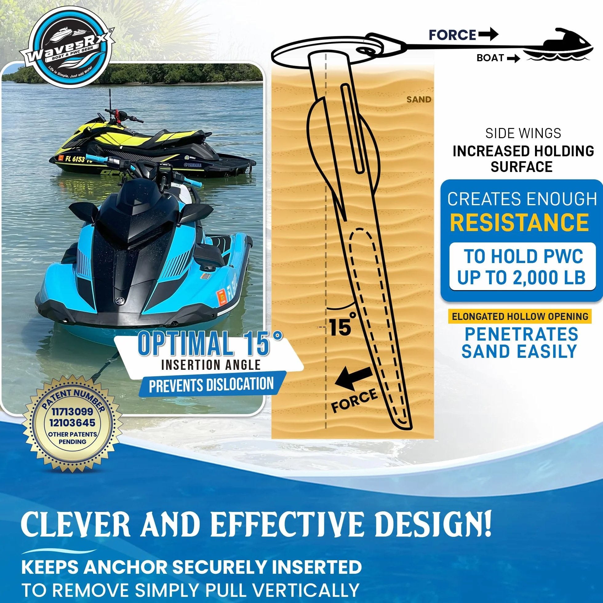 WAVESRX Ancla de Playa con púas de Aluminio patentada Ancla ultraligana para Motos acuáticas, Motos de Agua y Arena, Ideal para un fondeo Seguro de embarcaciones, pontones y Kayaks