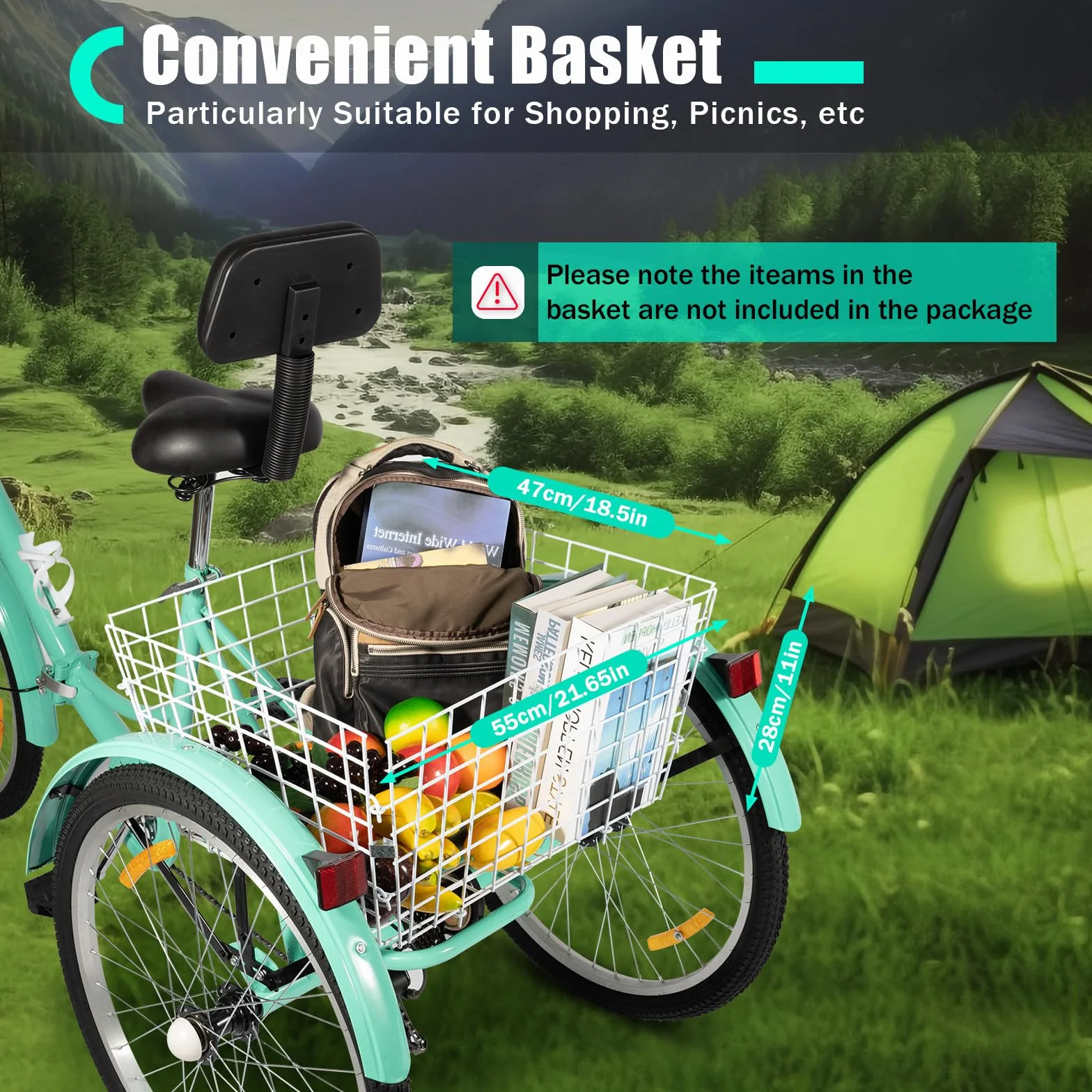 Triciclo de 24 pulgadas de 7 velocidades para adultos, bicicleta de crucero de 3 ruedas, bicicleta de carga, triciclo plegable con portavasos y cesta de verduras, ajustable para adultos