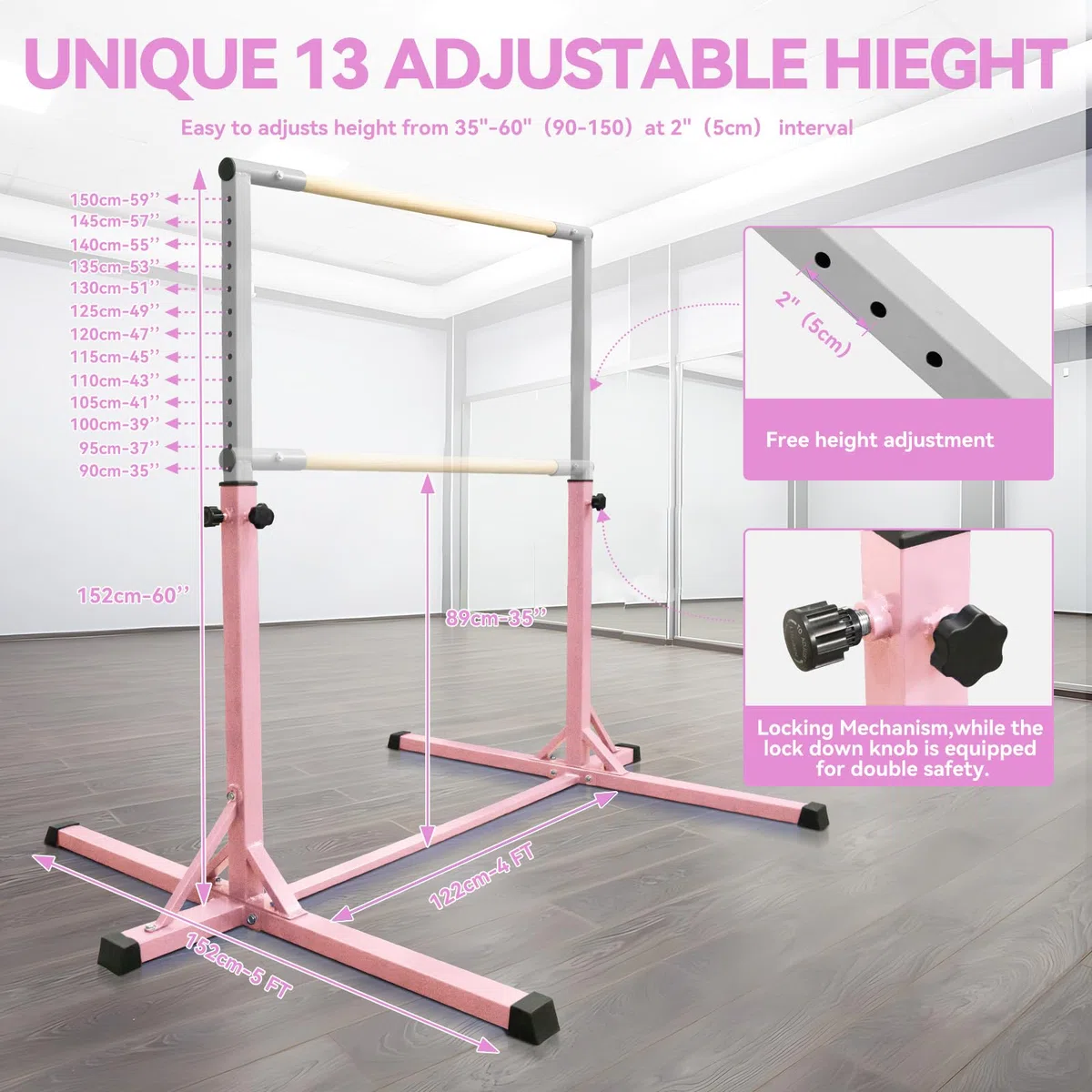 FBSPORT Barra de Gimnasia para Niños Barra Horizontal de Gimnasia con 13 Altura Ajustable de Barra de Entrenamiento con Anillos de Gimnasia Barra de Entrenamiento de Gimnasia expandible Junior Verde