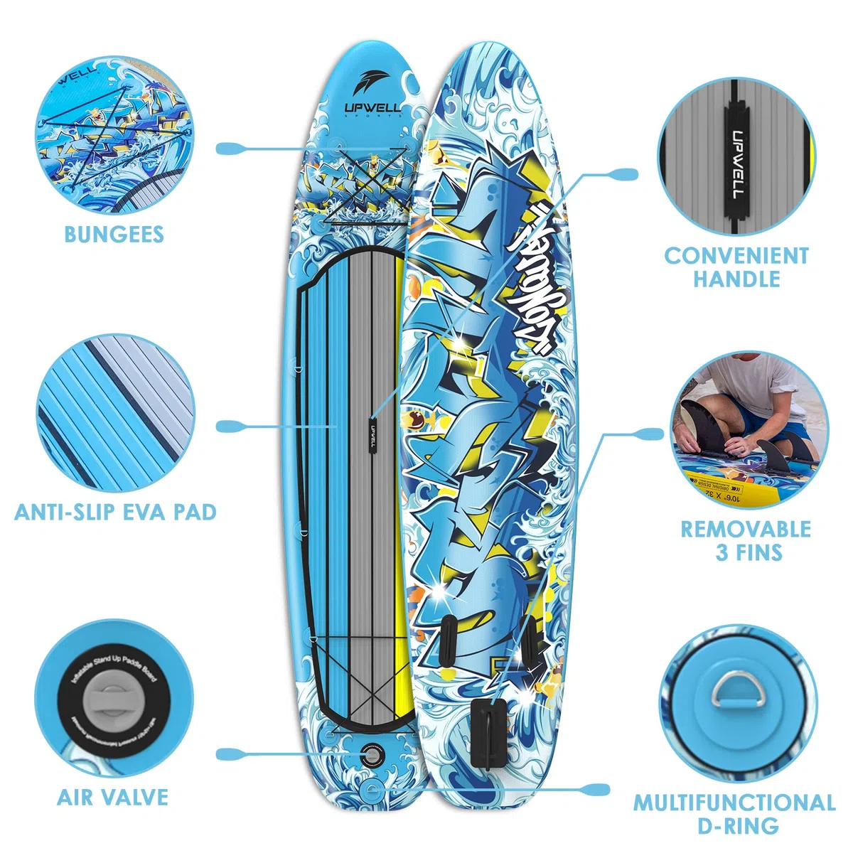 UPWELL Tabla de Paddle Surf Hinchable de 11'/10'6'' con Accesorios de Sup Que Incluyen Mochila, Kits de reparación, Cubierta Antideslizante, Asiento de Kayak, Correa, 3 Aletas, Remo y Bomba de Mano