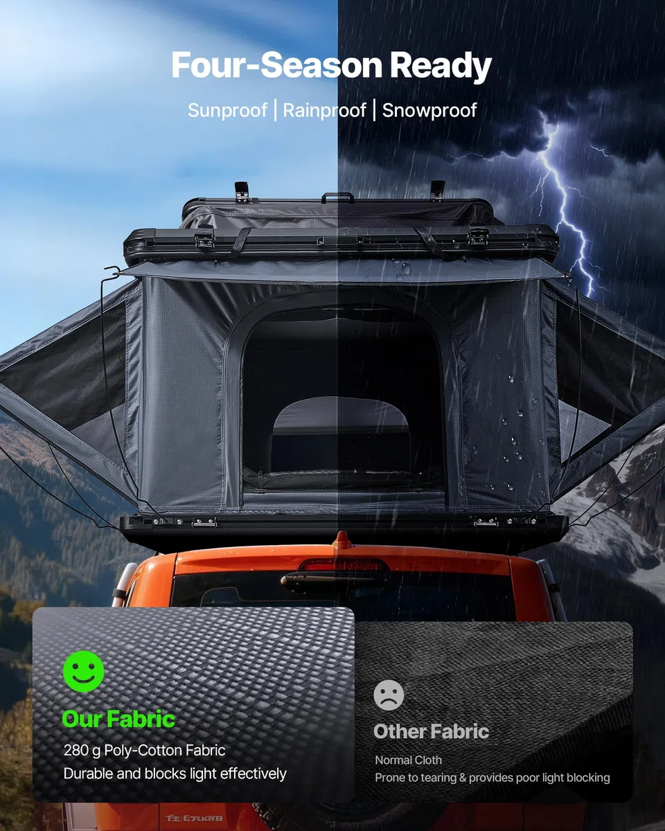 VEVOR Tienda de Techo Rígida para 2-3 Personas, Tienda de Campaña para Techo de Coche con Luz LED, Colchón Grueso y 2 Ventanas, Impermeable y Resistente al Viento, para Jeep, SUV, Camionetas