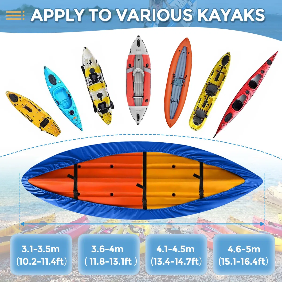 Funda Kayak, 420D Impermeable Cubierta de Polvo Duradera de Almacenaje de Canoa Escudo de Protección Solar UV para Barco de Pesca,Kayak,Canoe,Paddle Board