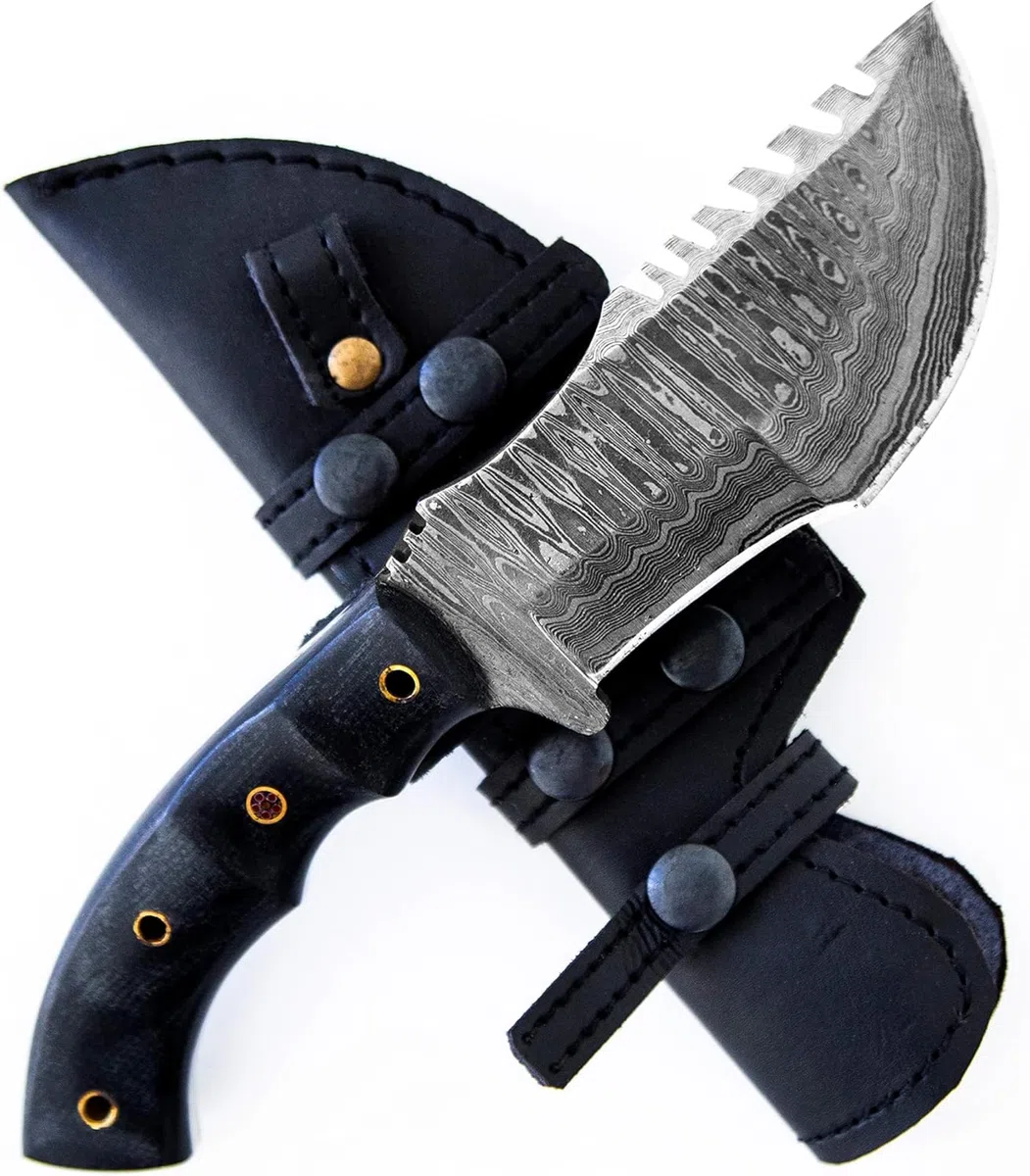 BIGCAT ROAR Black Jaguar Tracker - Cuchillo Tracker Acero Damasco Artesanal 25 4 cm Full-Tang - Mango Micarta y Funda Cuero - EDC Caza Bushcraft Monte Campo y Supervivencia - Regalo Coleccionistas
