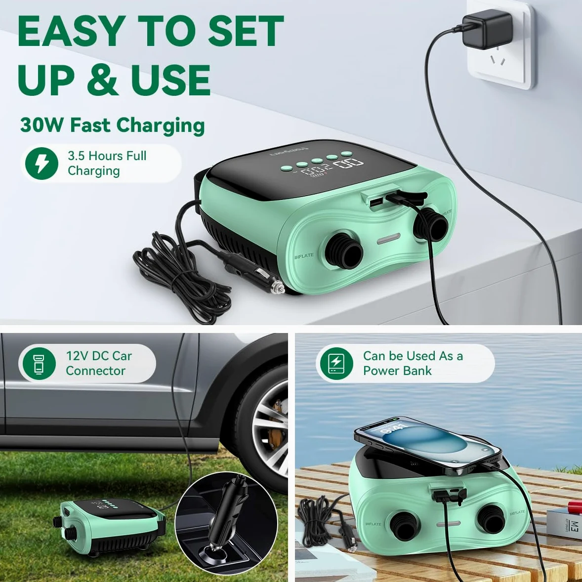 FBSPORT Inflador Electrico Paddle Surf Recargable 4000mAh Batería & 12V DC, 20PSI Bomba de Aire Eléctrica con Función de Apagado Automático y LCD Hinchador para Kayak Colchón de Aire Tienda y Barco