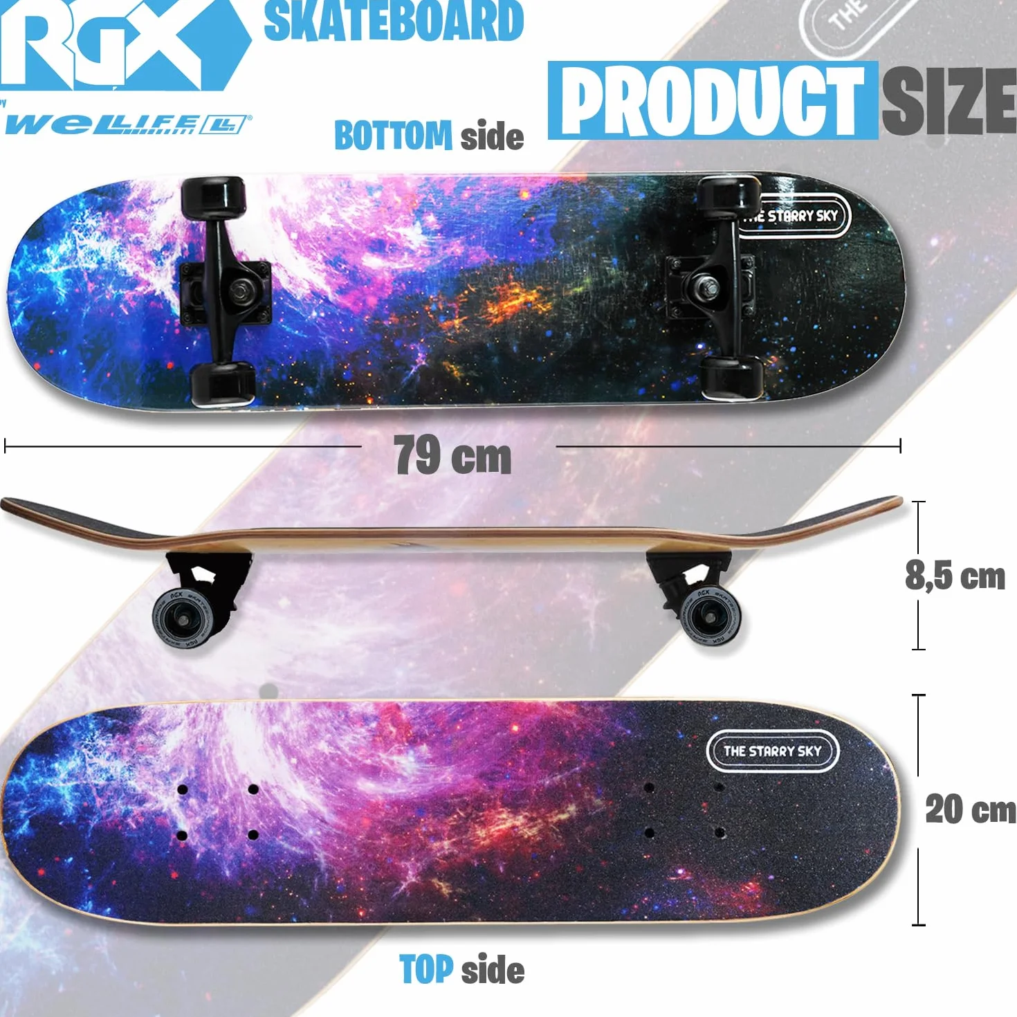 WeLLIFE Monopatín completo para principiantes – Serie RGX de madera de 80 x 20 cm, 9 capas de arce cóncavo Double Kick, rodamientos ABEC-7, dibujo sobre Grip Tape – Apto para niños, jóvenes y adultos