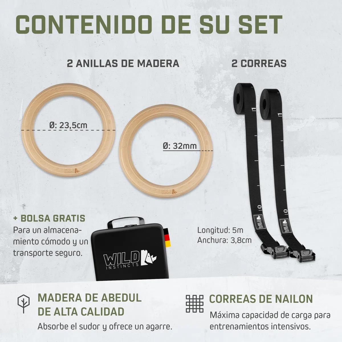 Wild Instincts Anillas de Gimnasia de Madera 28mm / 32mm para Gimnasia y Calistenia/Gym Rings/Aros de Gimnasia/Exercise Rings/Anillas de Calistenia/Anillas Madera Fitness/Fitness Rings