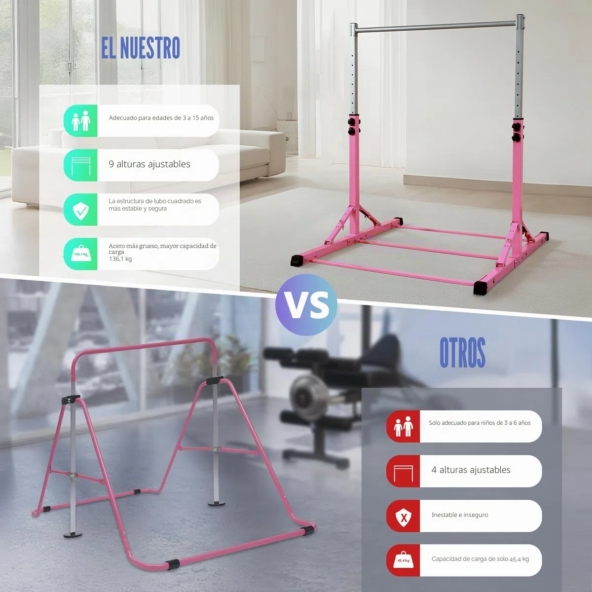 Barra de Gimnasia, Barra de Gimnasia Plegable para niños, Barras de Entrenamiento de Gimnasia en casa, Altura Ajustable, construcción de Acero Estable, Antideslizante, fácil de Montar