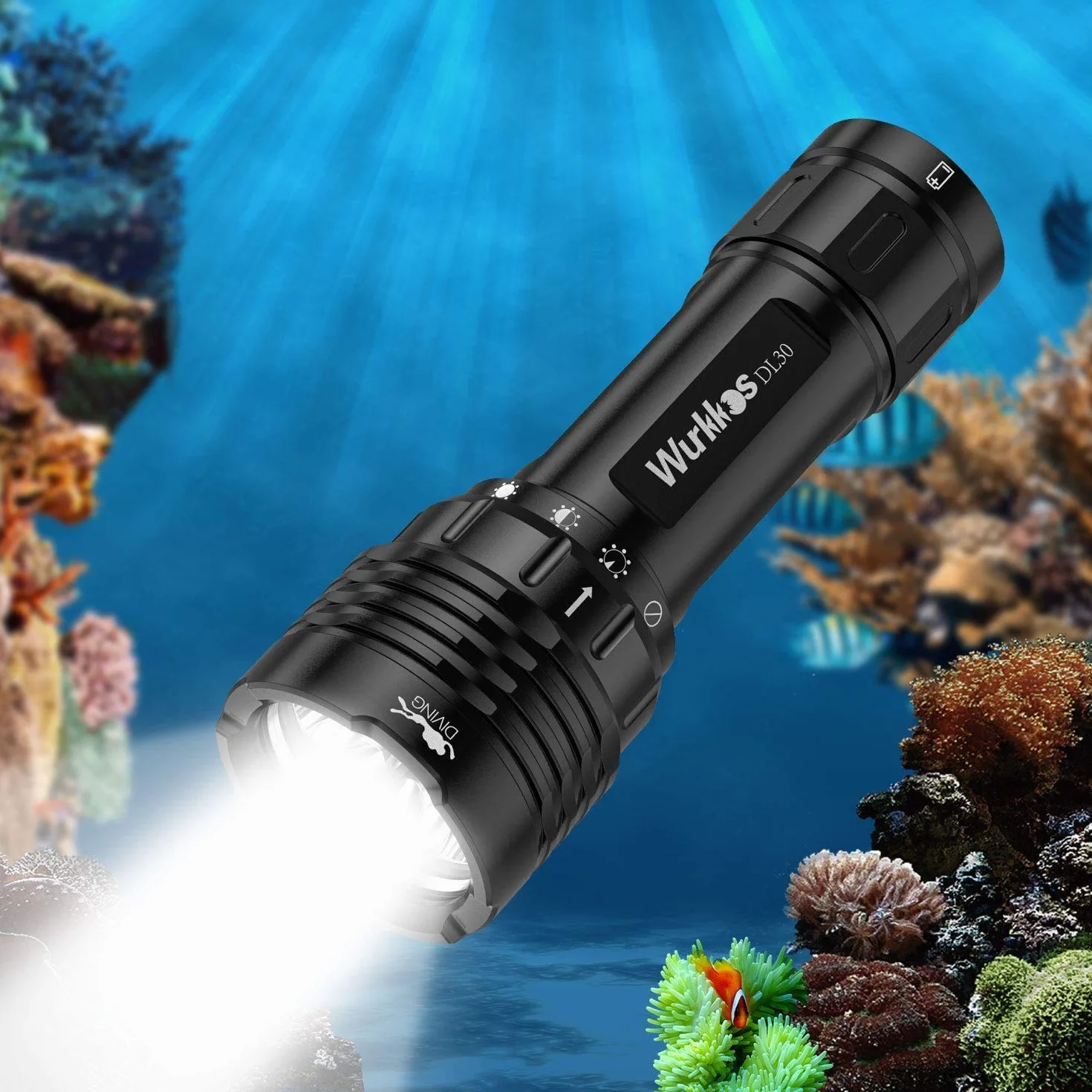 Wurkkos DL30 Linterna de Buceo. Antorcha de buceo de 3600 Lúmenes. Resistencia al agua IPX8. Lámpara impermeable Incluye LED Blanco Neutro (90 CRI) Linterna de buceo con 1 * 5000mAh potencia