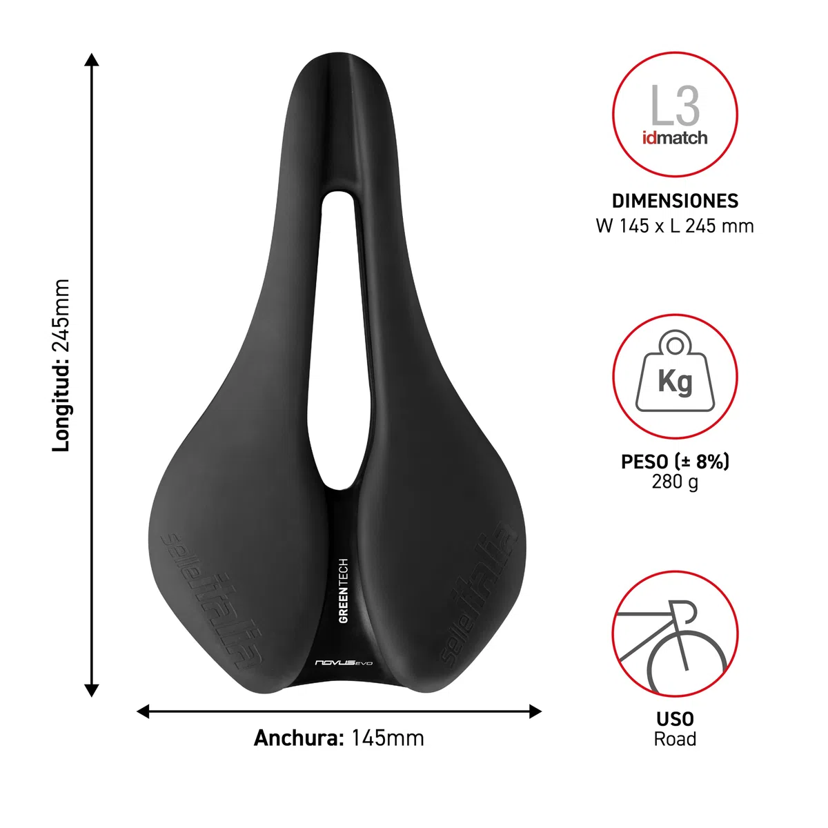 Selle Italia Novus Boost EVO Sport Greentech – Sillín de Ciclismo Ecológico de Gel con Agujero Superflow y Rail de Acero al Carbono – Talla L3, Negro