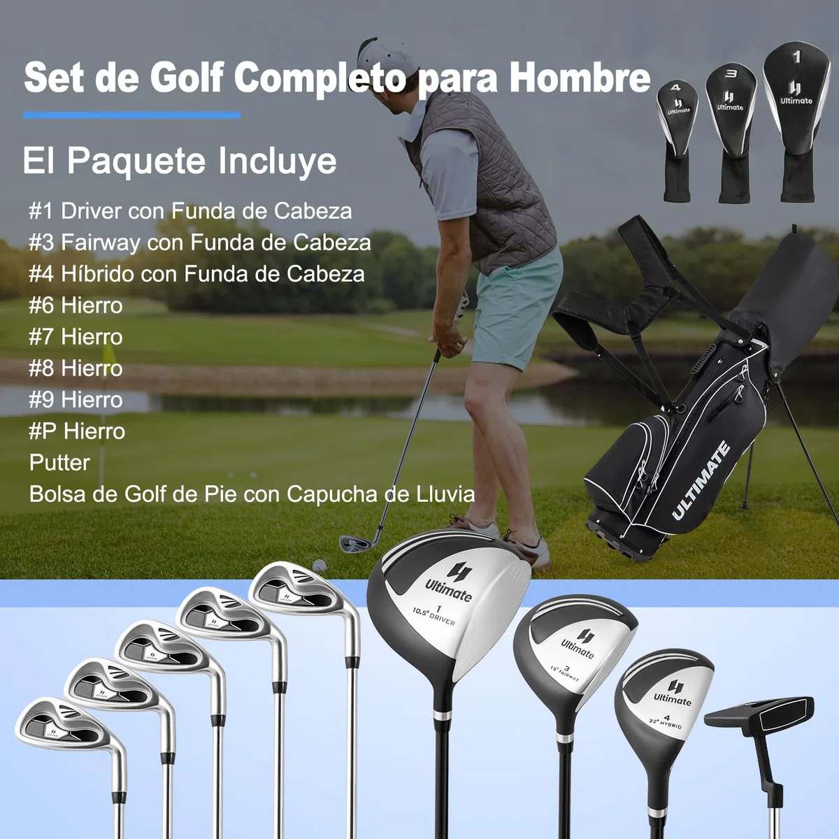 GYMAX Juego Completo de Palos de Golf para Hombre, Juego de Golf con Bolsa de Soporte, Bolsa trípode con 7 Compartimentos, Putter, 3 Maderas: Driver#1, Fairway#3, Hybrid#4, 5 Hierros