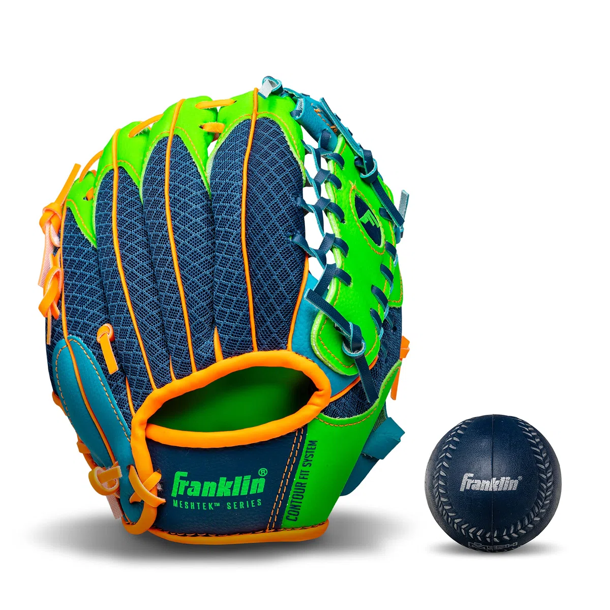 Franklin Sports Teeball Recreational Guante de béisbol y Pelota, 24 cm - 22812, Lanzamiento Mano Derecha, 9.5 Inches, Azul Rey/Verde Lima/Naranja