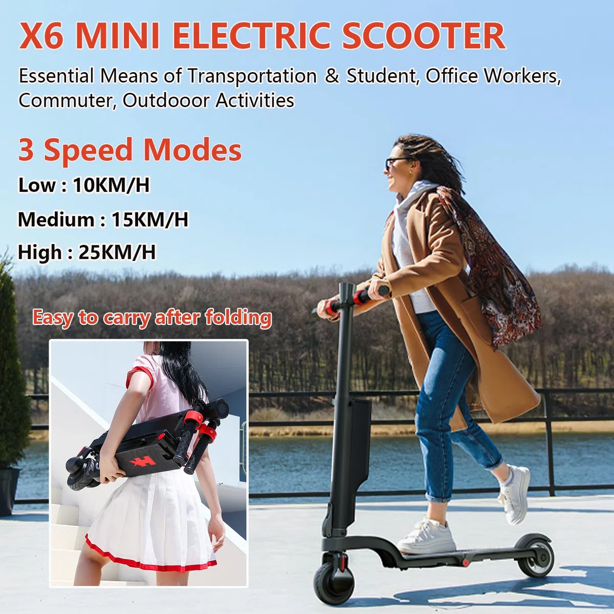 HX X6 Patinete Eléctrico Adultos 4 Pliegues para Mochila,El Portátil de los trotinete electrica Urbanos, Motor 350W & Batería Extraíble, Autonomía 20-40km,Pantalla Digital, aplicación