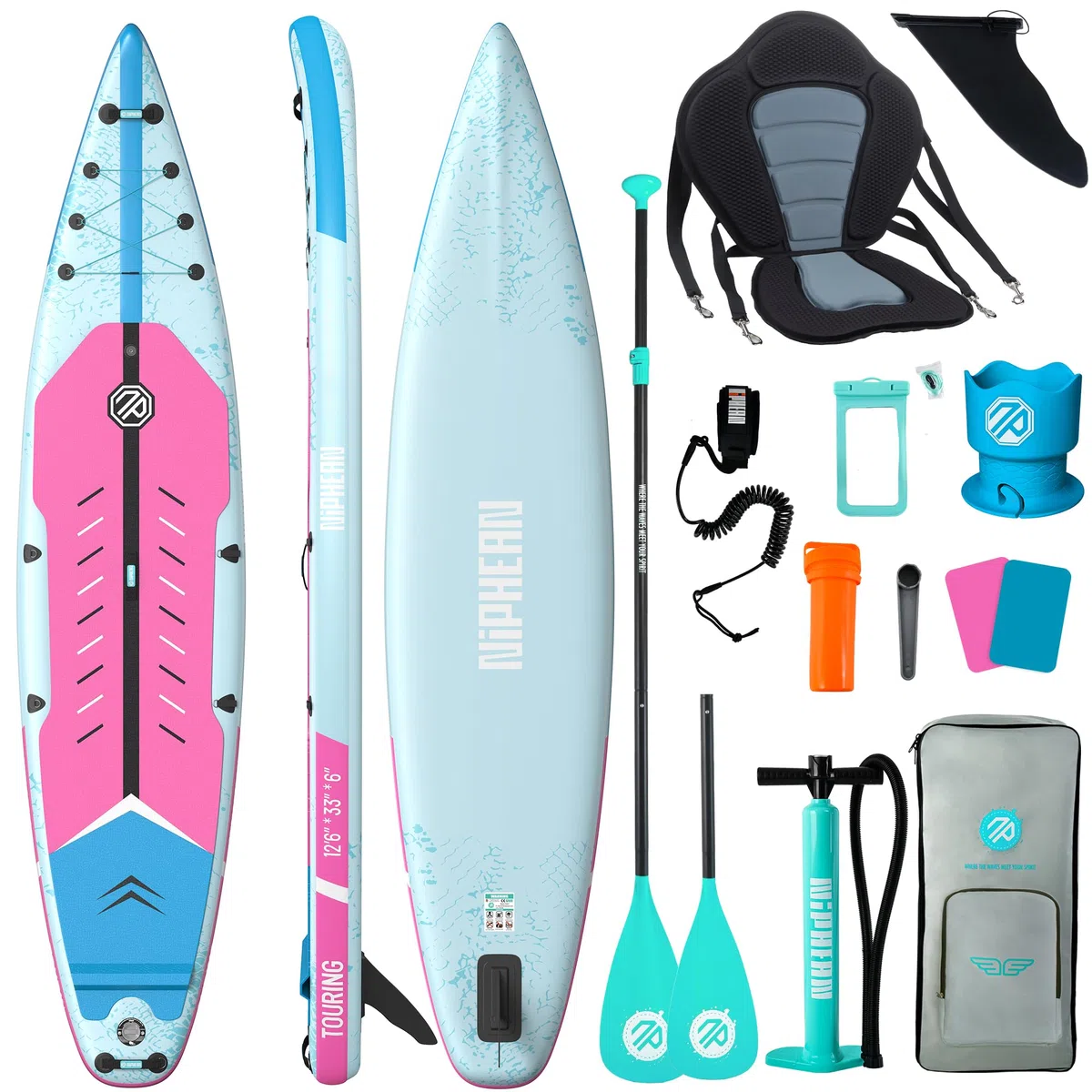 Niphean Tabla De Paddle Surf Hinchable De 380 Cm, Capacidad De 280 Kg, Tabla Padel Surf Touring con Accesorios Completos Y Kick Pad, Estable para Adultos Y Jóvenes, Ideal para Surf Principiantes