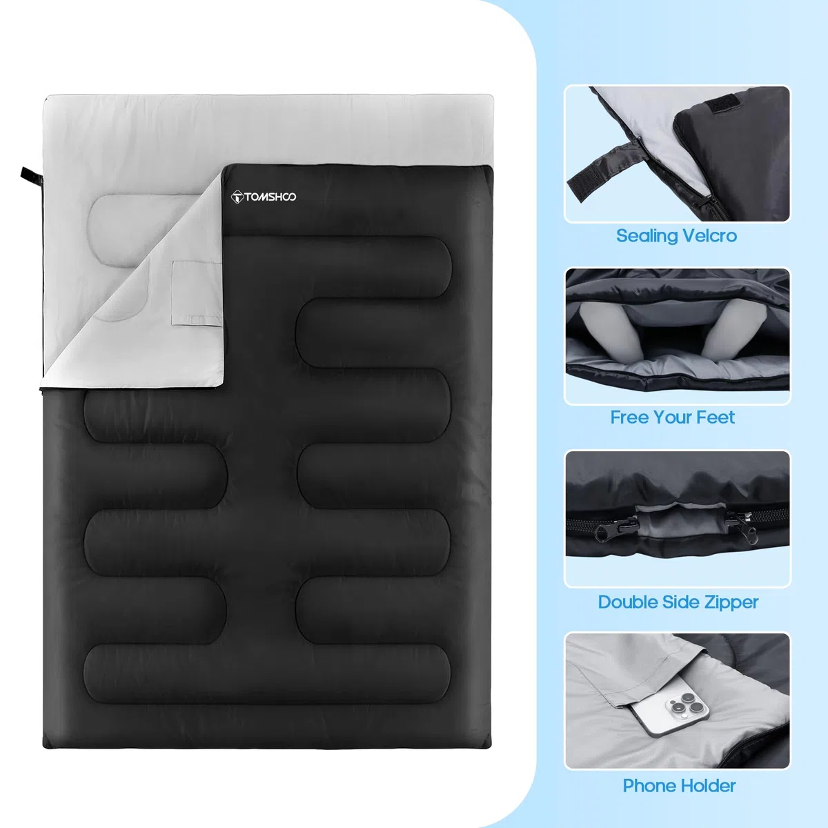 TOMSHOO Saco de Dormir Doble, 230 x 160 cm Saco de Dormir Campismo 2 Personas Extragrande con 2 Almohadas, 3-4 Estaciones Saco de Dormir Adult Doble para Acampar Senderismo Viajes Exterior Hogar