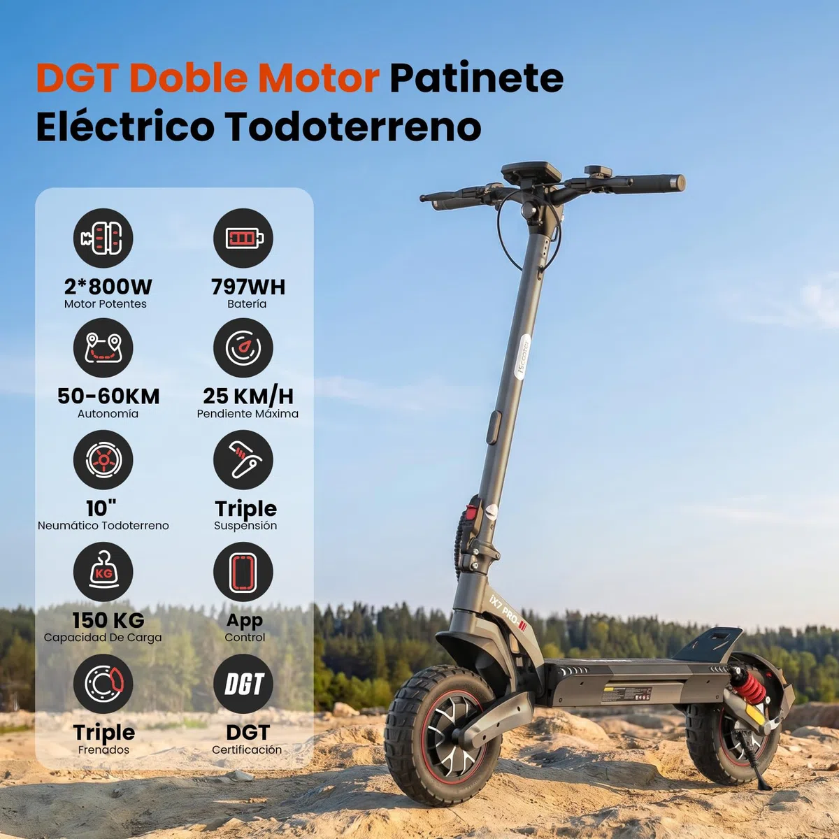 iScooter Patinete eléctrico Todoterreno iX7Pro, 500W*2 Doble Motor, Homologado DGT, 15AH Batería, Autonomía 55-60KM, Cerradura Electrónica, Smart App, Carga 150 kg, 4 Modos de Velocidad 10"