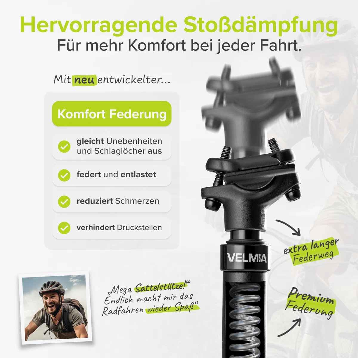Tija de sillín con suspensión VELMIA 27,2-31,6mm - Aluminio - Negro - Para todo tipo de bicicletas - Alivio para la columna vertebral, montaje fácil