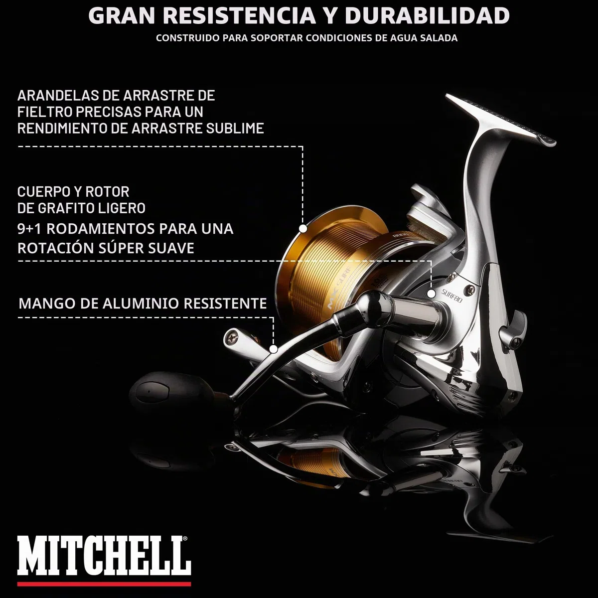 Mitchell MX Surf - Carrete Giratorio de Agua Salada, Ligero y Fuerte, con rotación Suave, 10 rodamientos para Surf, Playa, Barco, Orilla, Jigging y Uso Completo
