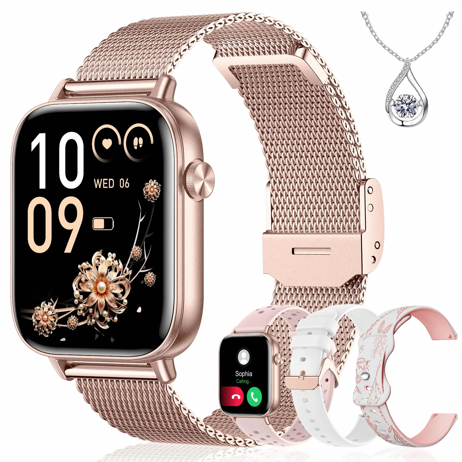 Iaret Reloj Inteligente Mujer, 1.83" Smartwatch con 4 Correas, Llamadas Bluetooth, Monitor Sueño/Ritmo Cardíaco/SpO2/Menstrual, 110+ Modos Deportivos Pulsera Actividad para iOS/Android, Oro Rosa