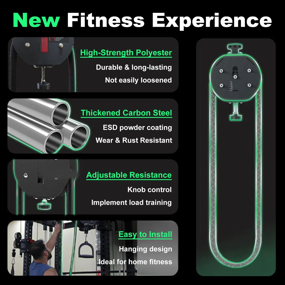 Máquina Entrenadora de Resistencia para Gimnasio en Casa | Polea Ajustable de 30 kg con Cuerda para Entrenamiento de Fuerza, Ejercicios de Brazos y Espalda | Portátil con Correas y Mosquetones