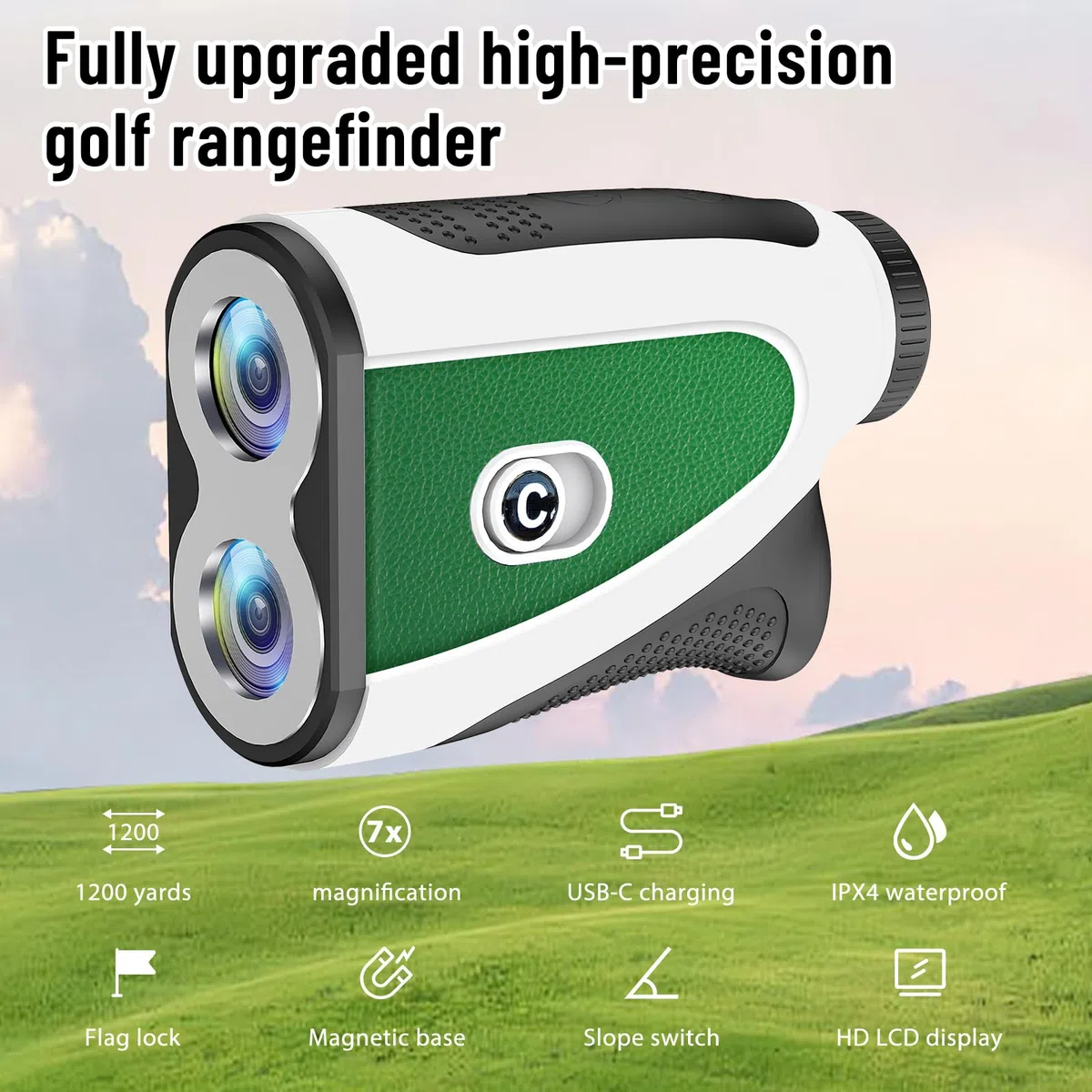 PTHTECHUS Telémetro de Golf con inclinación, telémetro láser de 1200 Yardas con Banda magnética, Aumento de 7X, Bloqueo de asta de Bandera con vibración, Impermeable IPX4, Recargable para Hombres