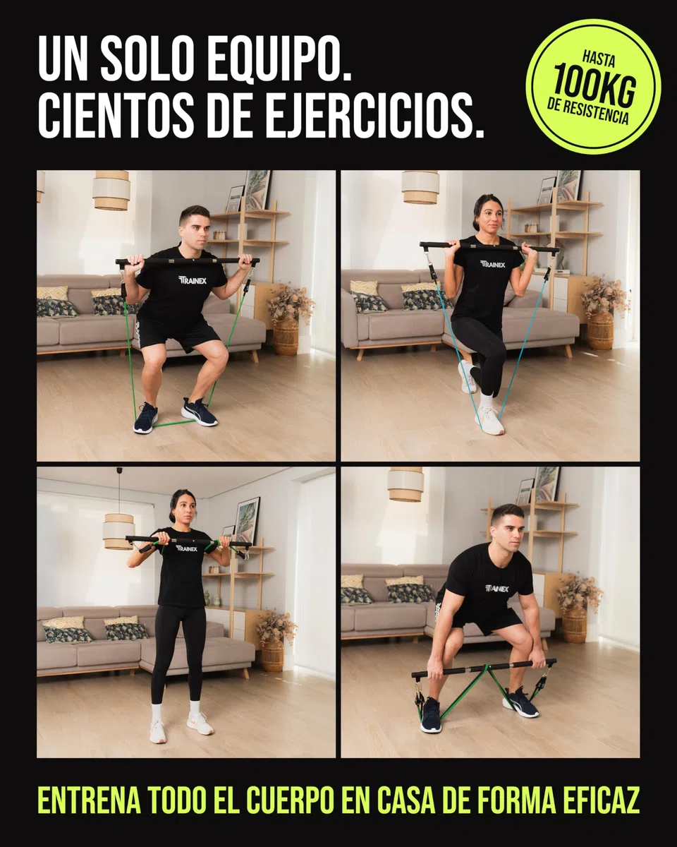 Bandas Elásticas de Musculación con Barra | Gomas de Resistencia hasta 100 kg | Kit de Entrenamiento en Casa Completo | TRAINEX