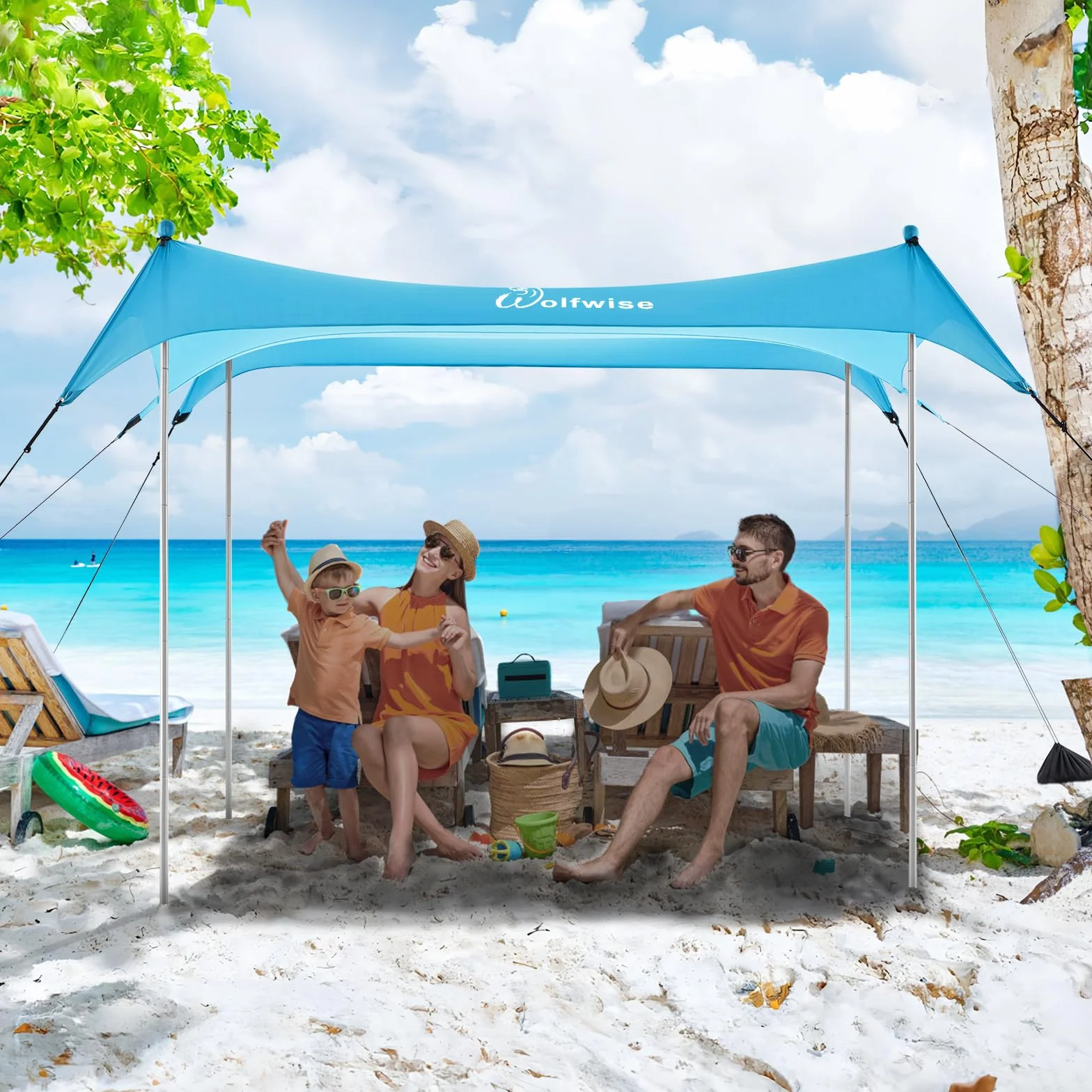 WolfWise UPF50+ Carpa de Playa con protección Solar, sombrilla para 2-6 Personas, fácil configuración, Resistente al Viento y Agua, toldo de Playa Azul
