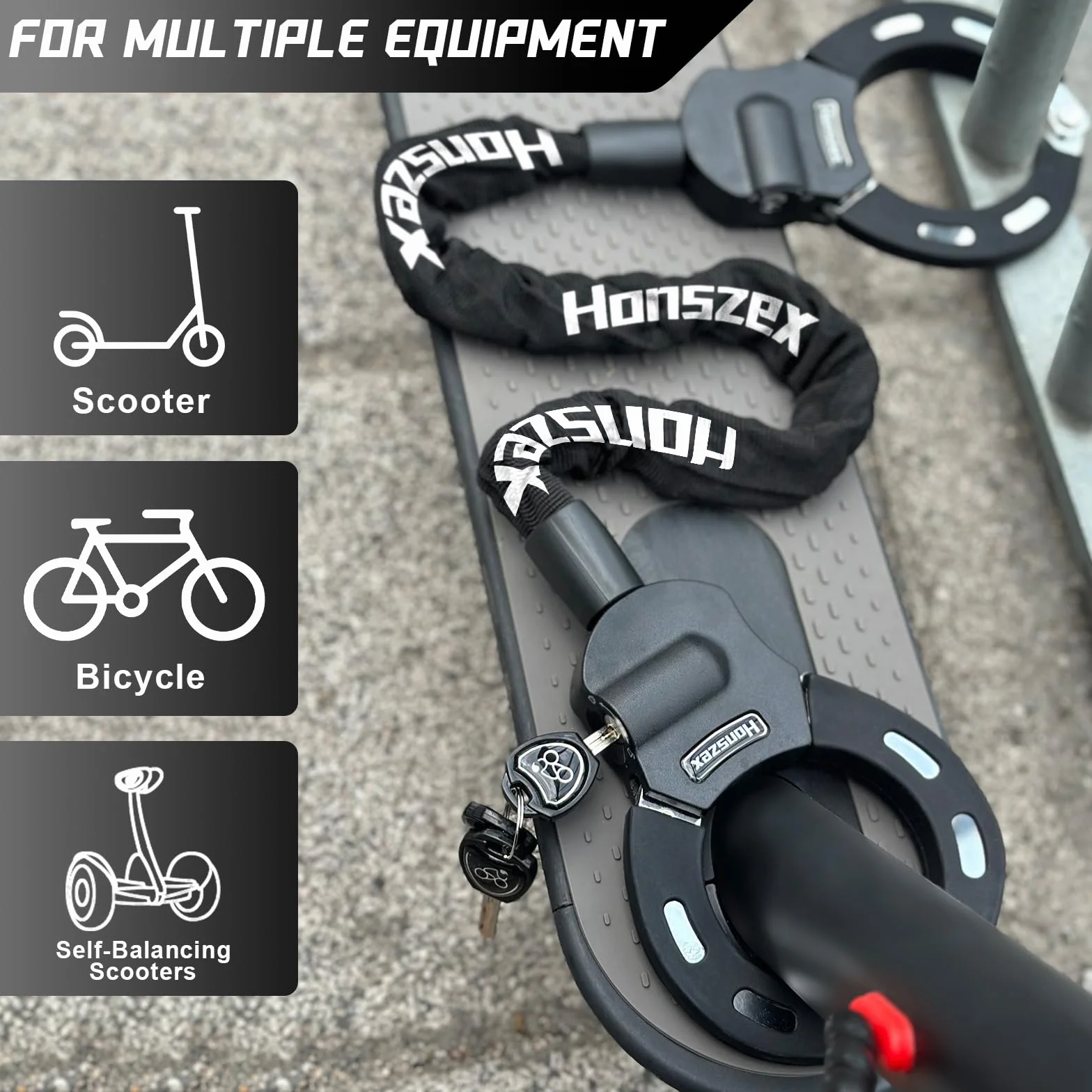 Candado Antirrobo para Scooters/Patinete Eléctricas/Bicicletas/ Carritos de Bebé, Candado de Cadena Resistente con Llave y Bolsa Impermeable