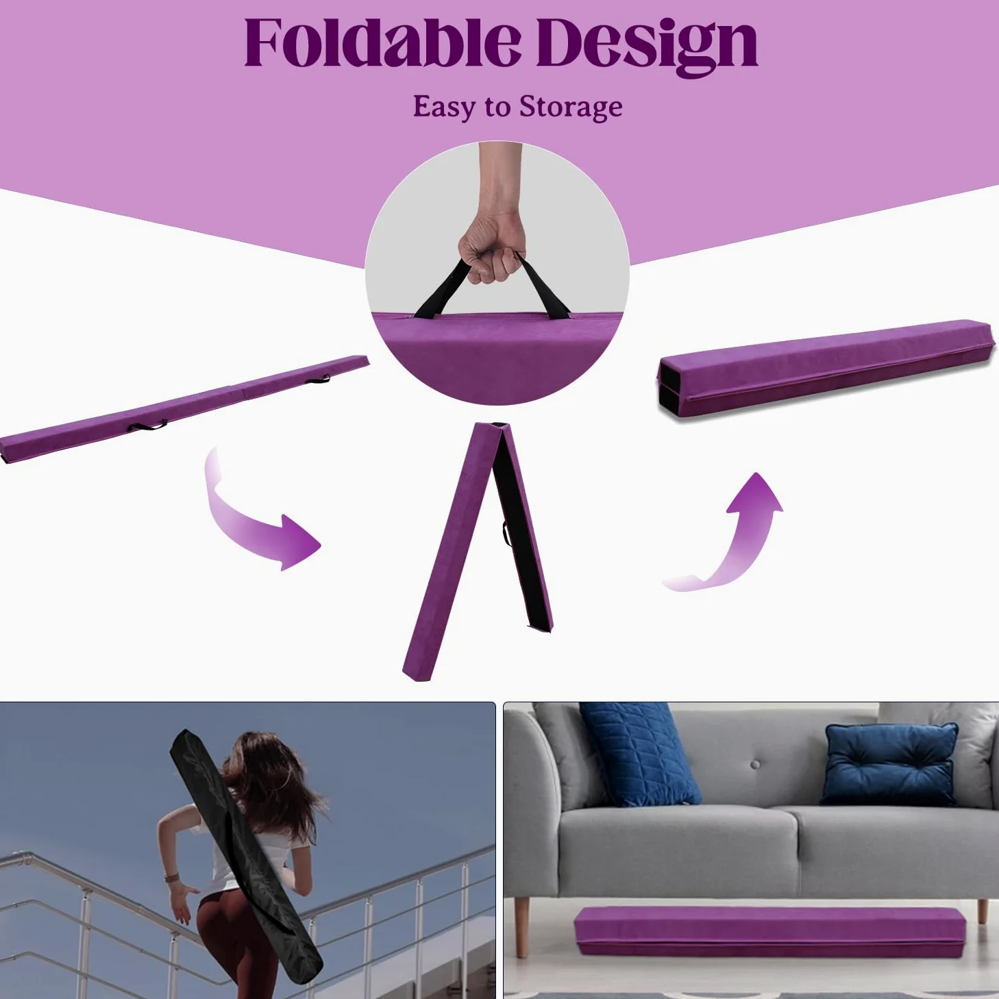 Viga de Equilibrio Gimnasia 240 cm, Barra de Gimnasia Plegable Portátil para Entrenamiento con Base de Goma Antideslizante para Niños, Principiantes y Gimnastas Profesionales