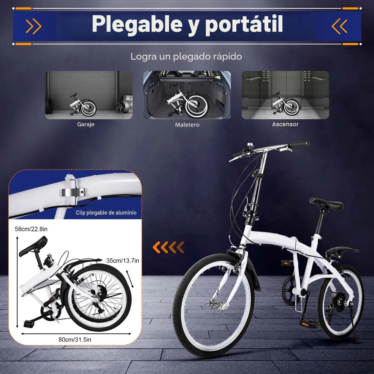 Bicicleta plegable 20 pulgadas, color blanco, 6 marchas, asiento y manillar ajustables, plegado rápido, 90 kg