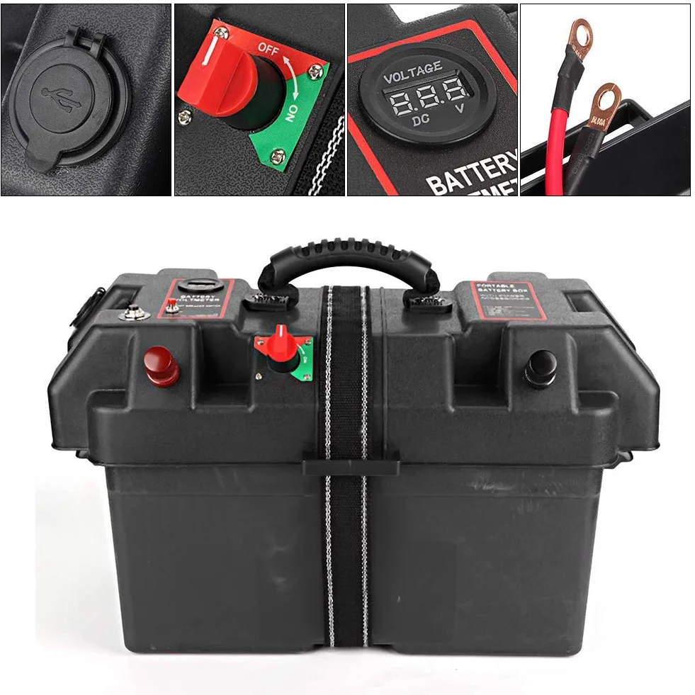 Caja de bateria-Duokon Motor Power, Minnkota Trolling Battery Box Plástico Minnkota Trolling Motor Power Center Station Battery Box USB y cargador de 12V Puerto