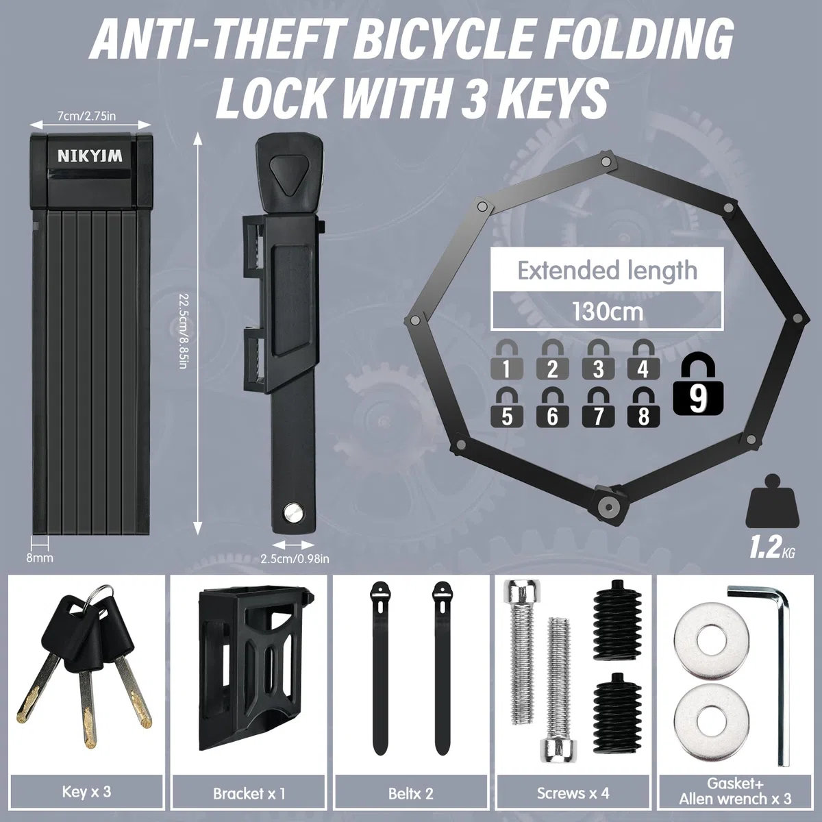 Candado Plegable Para Bicicleta, 130 cm 8 Nudos Antirrobo Con Marco y Accesorios - Robusto Para Bici de Carretera y Patinete