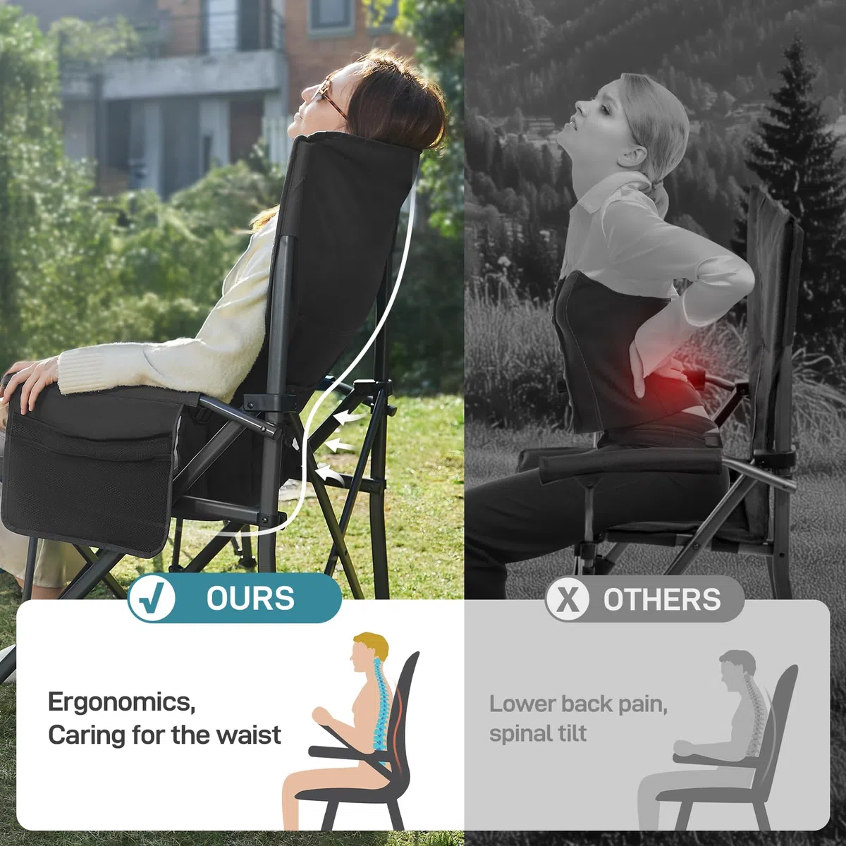 EVER ADVANCED Silla de Camping Plegable, soporta 230 kg, XL, Soporte Lumbar, Silla Plegable de 62 cm de Ancho con Bolsillo Lateral, Soporte para Bebidas, Silla Plegable de Gran tamaño, Silla de Pesca