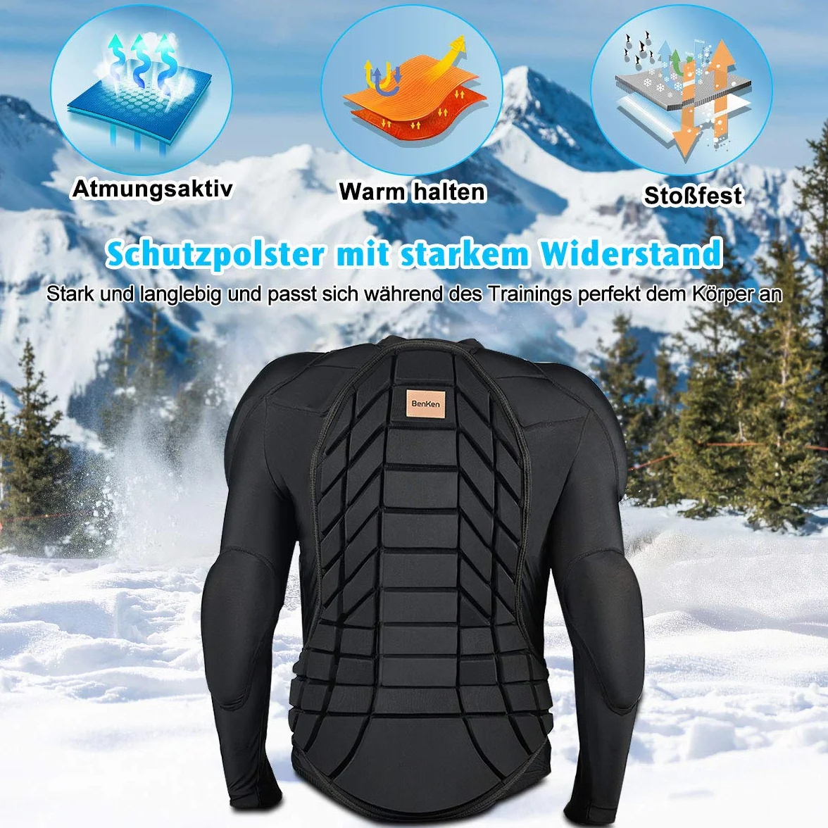 BenKen Body de esquí de manga larga con forro, pecho, hombros y espalda, chaqueta ajustable, para mujeres y hombres, parte superior acolchada