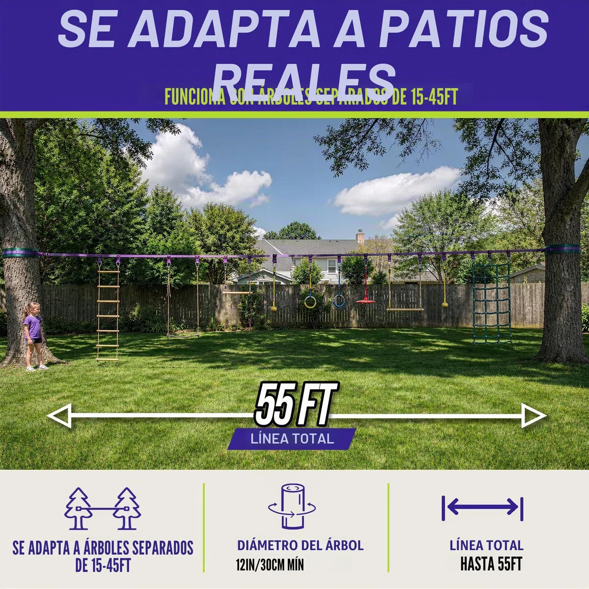 Trailblaze Slackline Ninja Warrior Obstacle Course para niños, 15 m Ninja Slack Line Anillos de gimnasio, barras de mono, protectores de árboles, diversión perfecta al aire libre para niños