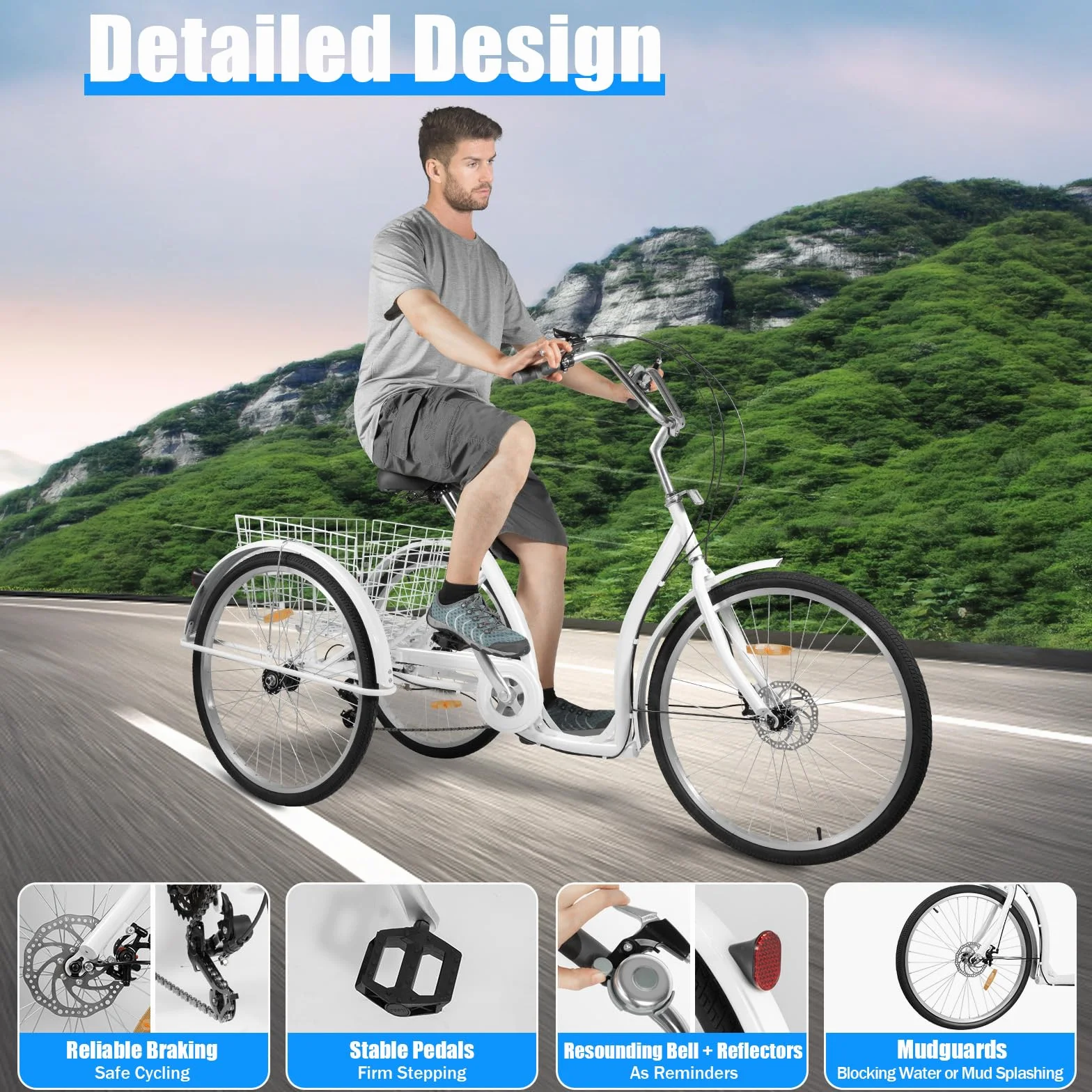 Triciclo adulto de 26 pulgadas, 6 velocidades, soporta 264,55 lbs ajustable para personas mayores, bicicleta de crucero, bicicleta de compras, adecuada para personas mayores para conducir