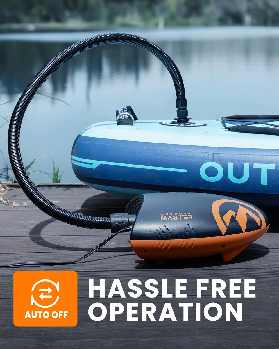 OutdoorMaster The Shark Bomba Sup de Alta presión - Bomba de Aire eléctrica con Sistema de enfriamiento Activo de 20 PSI Inflación Inteligente de Dos etapas y Apagado automático para Tablas de Remo