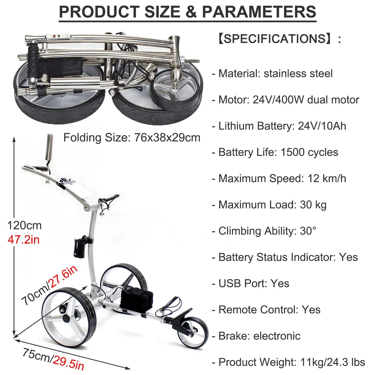 Carrito de golf eléctrico de 3 ruedas con control remoto, plegable con soporte para teléfono celular y soporte para paraguas, carrito de doble motor para un fácil transporte de golf