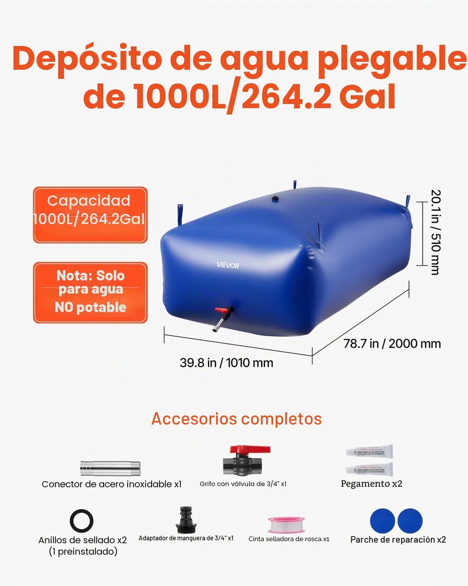 VEVOR ​Vejiga del Almacenamiento de Agua con Válvula, Bolsa de Agua Portátil y Plegable, Resistente a Fugas, para Autocaravanas, Camiones, Uso en Exteriores (Azul, 1000L)