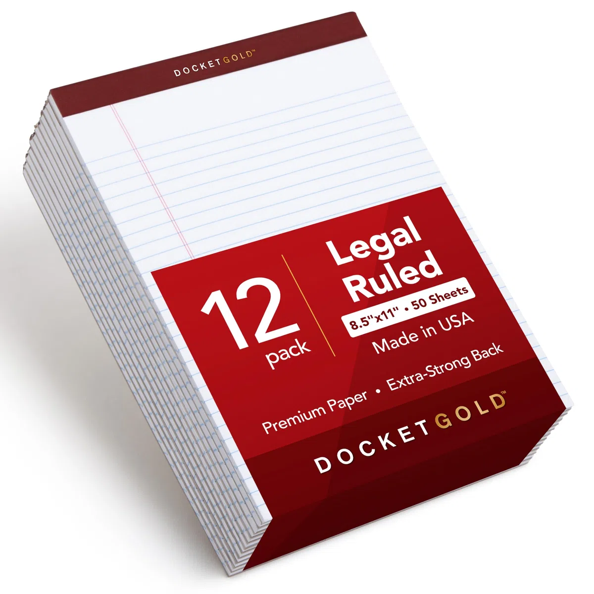 Tops Docket Gold Writing Pads, 8-1/2 x 11-3/4, Legal Rule, White Paper, 50 Sheets, 12 Pack (63960)