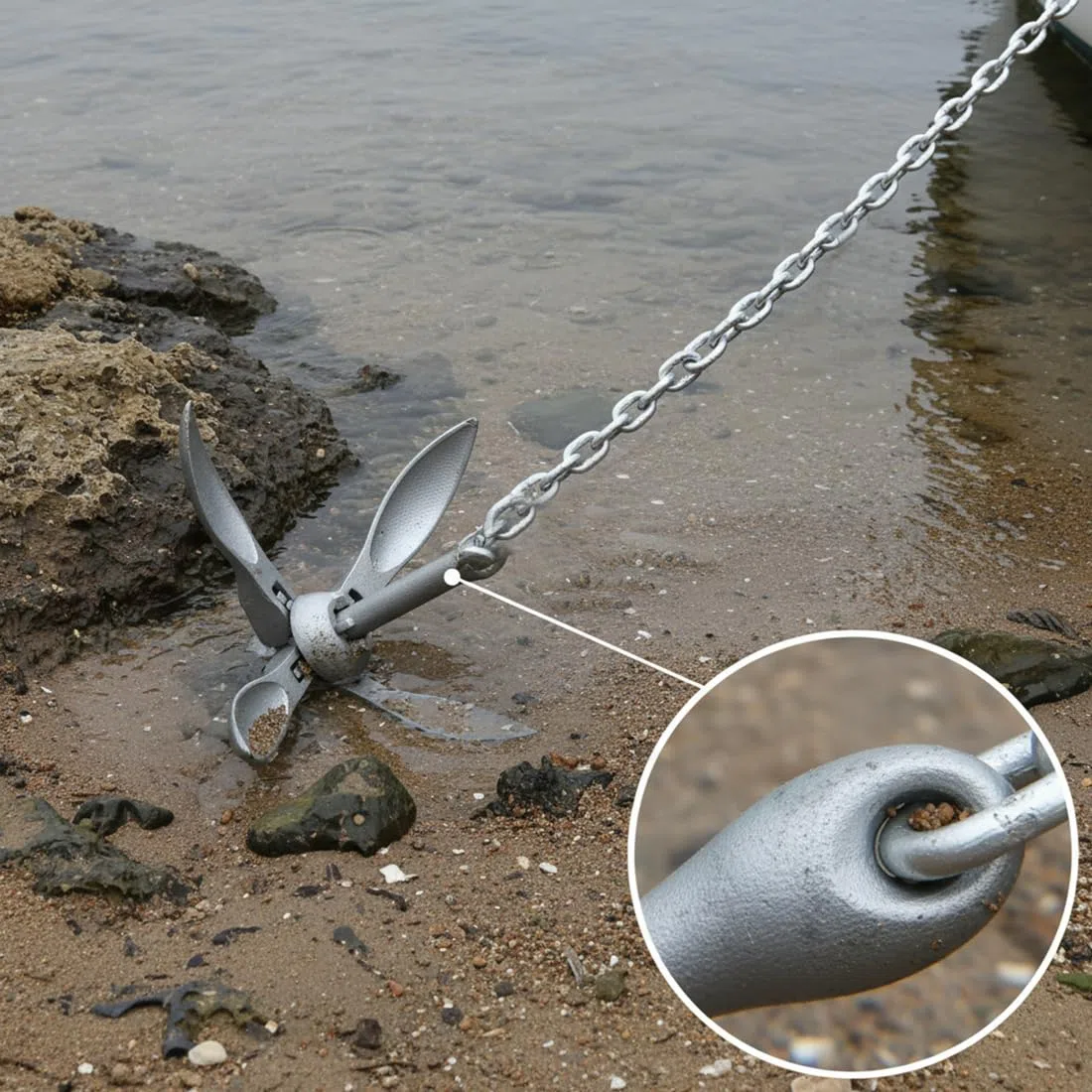 BeGrit Kit de Anclaje para Bote Ancla galvanizada 2.5kg, Ancla de garfio Plegable con Cadena galvanizada de 8 mm, para Botes de Pesca Sup inflables de Canoa de Kayak