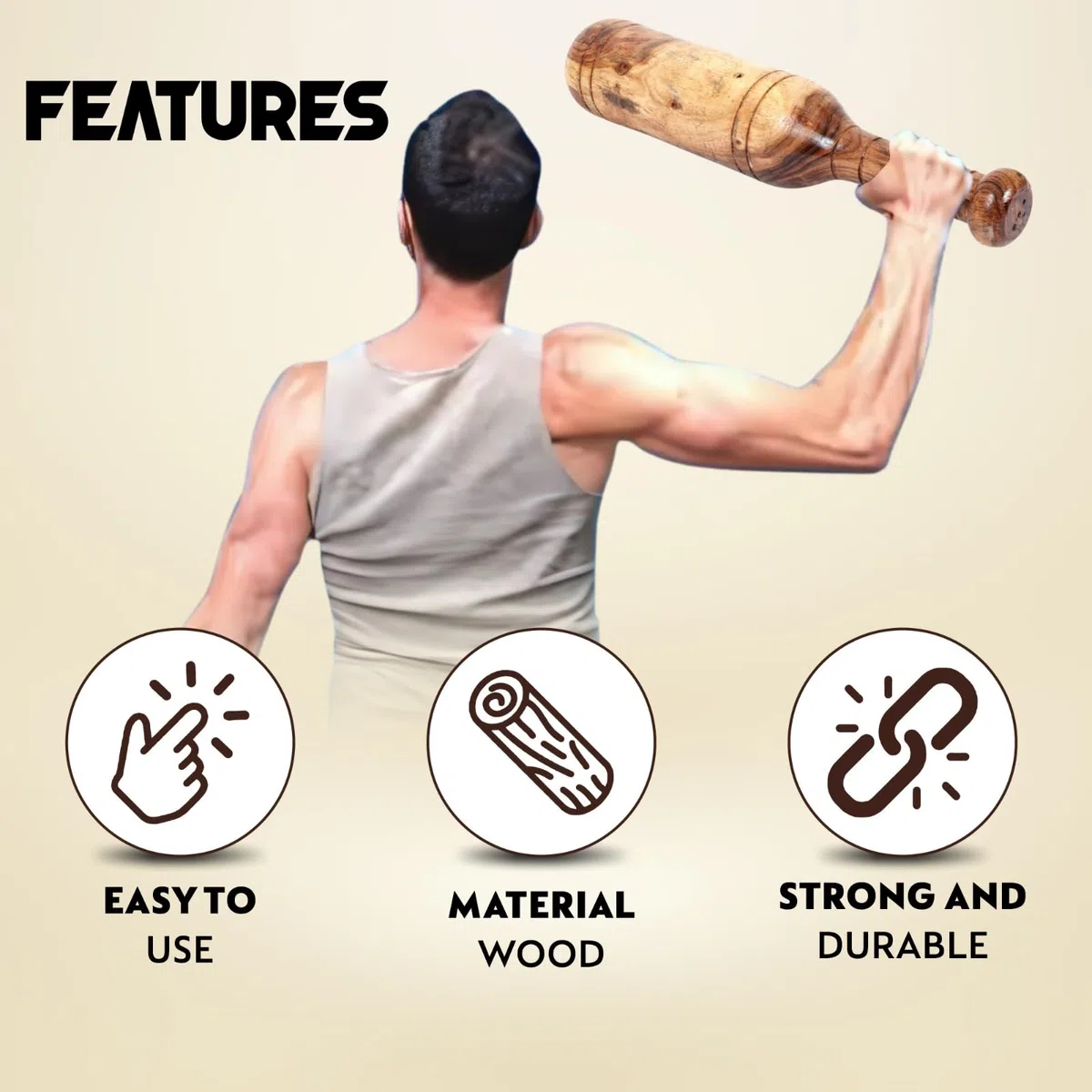 KD Willmax MUGDAR Barra de Fitness Indian Club MUDGAR BHEEM MACE Equipo para Hombro MEEL Karla KATAI MUGDAL Equipo de Fitness de Madera Durazno - 7 a 8 kg