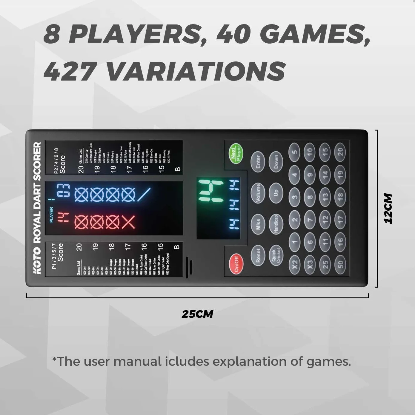 KOTO – Marcador de Dardos Electrónico con 40 Juegos, Pantalla de Puntuación, Apto para 8 Jugadores, Incluye Fijación a la Pared, Funciona con Pilas