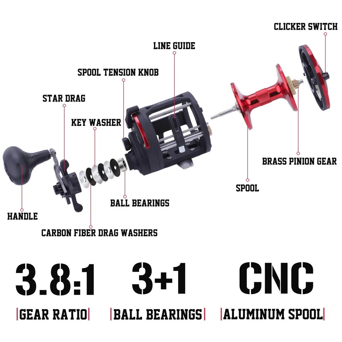 Sougayilang Trolling Reel Level Wind Conventional Reel Graphite Body Fishing Reel, Durable Stainless-Steel, Large Line Capacity