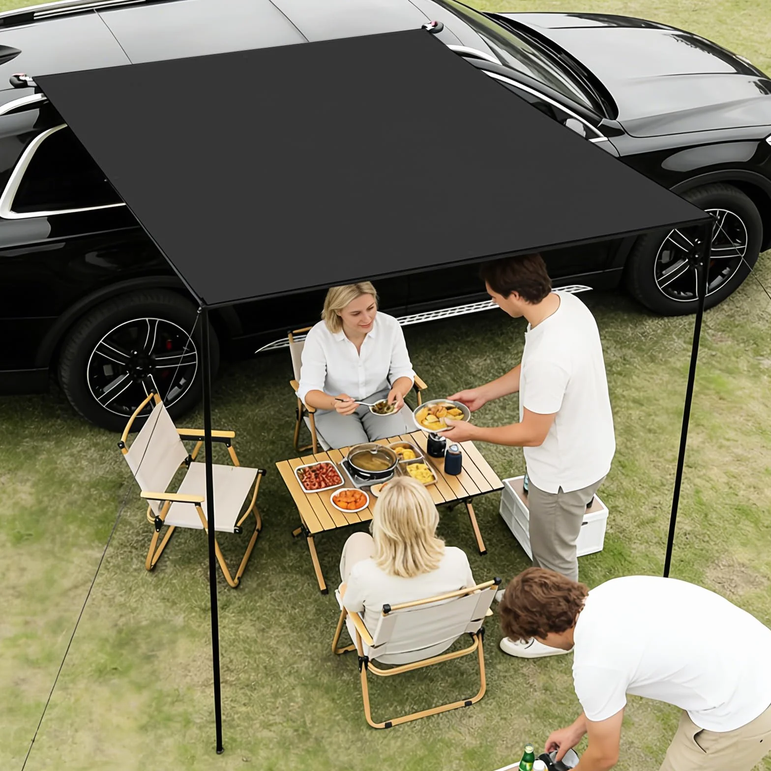 Kit de Toldos para Coche 200x300cm, con 2 Postes, 8 Cuerdas de Amarre, 8 Estacas, 2 Ventosas, Bolsa de Almacenaje y Saco de Transporte, UPF50+, PU3000+ Impermeable, para Aventuras Off-Road (Negro)