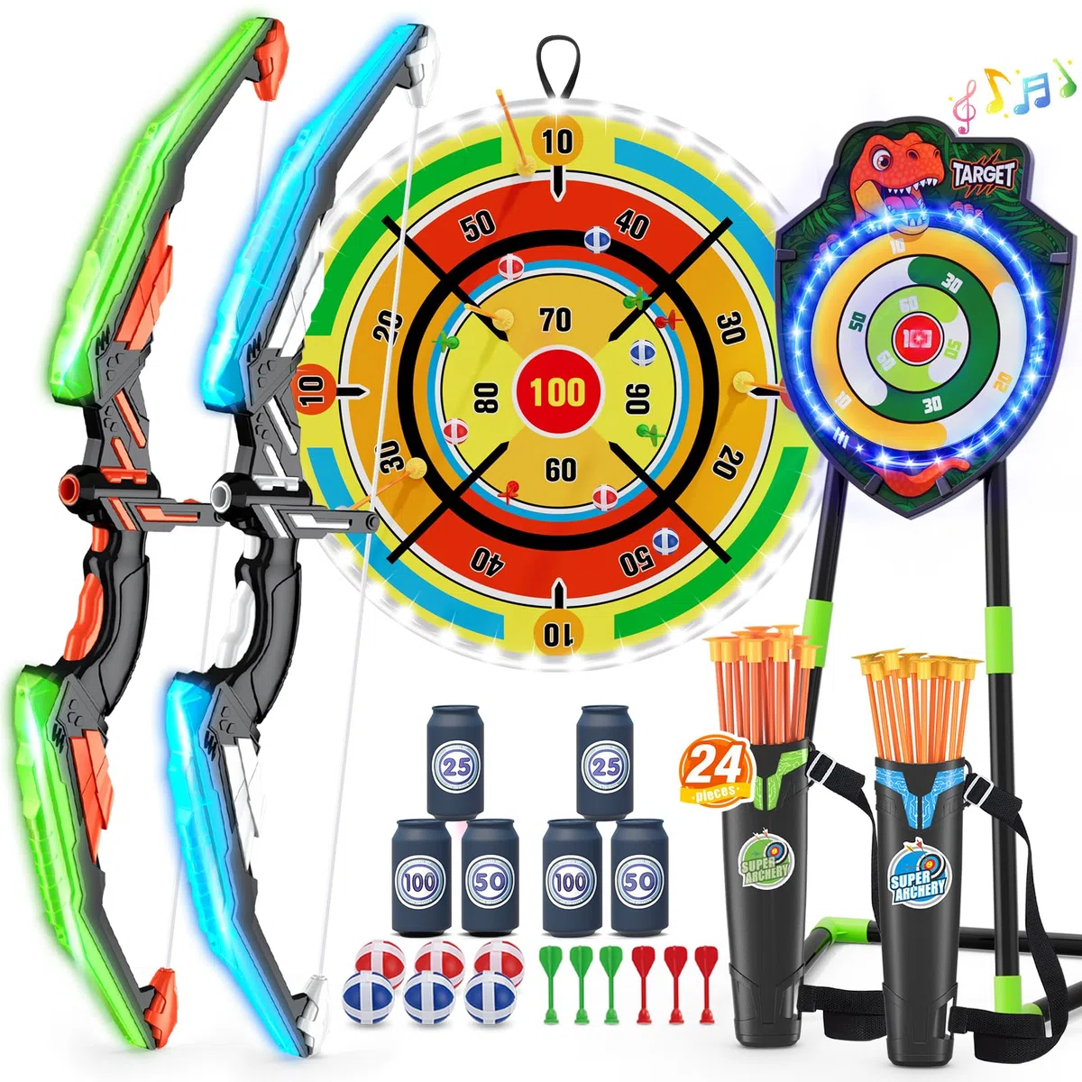 HYES 2 Pack Arco y Flechas con 29" Glow Dart Board, LED Iluminar el Dinosaurio Tiro con Arco con Flechas de Succión, Objetivo de Resplandor, Regalos Juguete para Niños Niñas Interior y Exterior