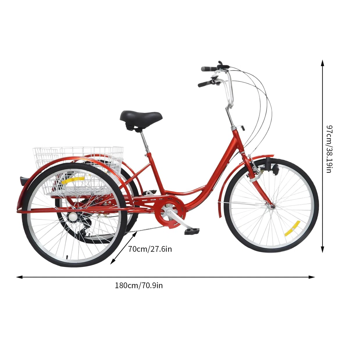 Triciclo para adultos bicicleta con cesta de la compra, para personas mayores, carrito de la compra, ocio, bicicleta de ciudad, luces de crucero, cesta de verduras y respaldo trasero 24